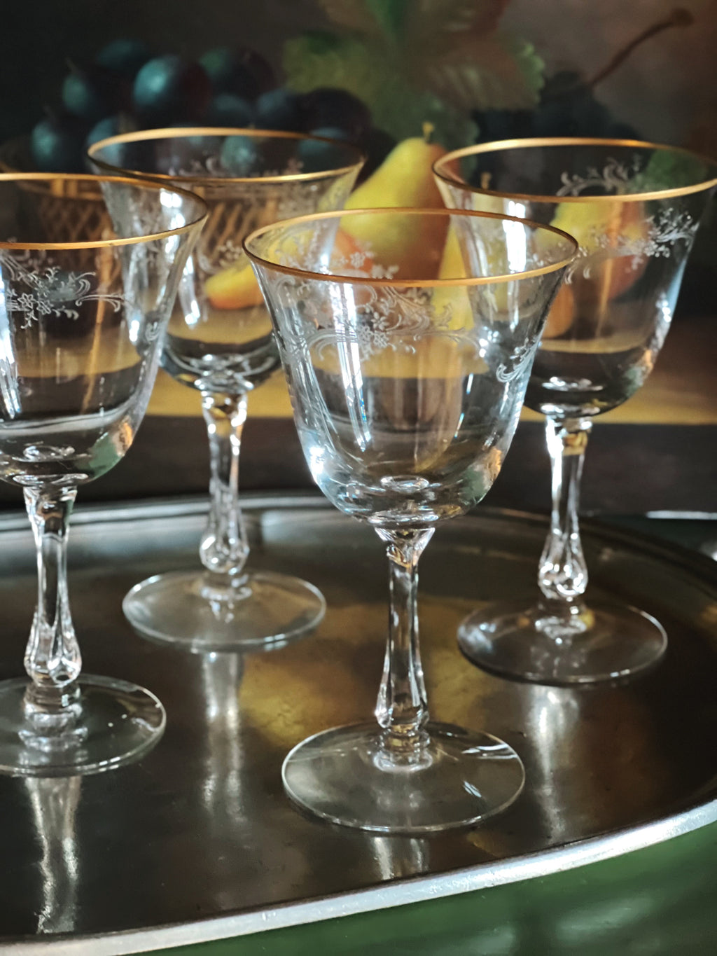 Vintage Fostoria Golden Lace Wine Glass Water Goblet