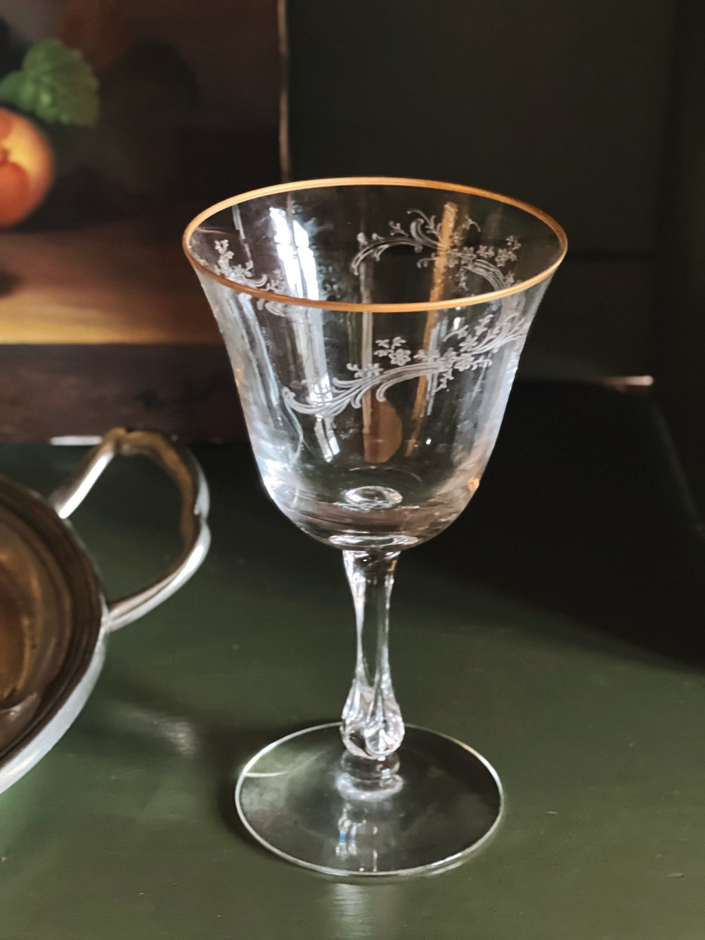 Vintage Fostoria Golden Lace Wine Glass Water Goblet