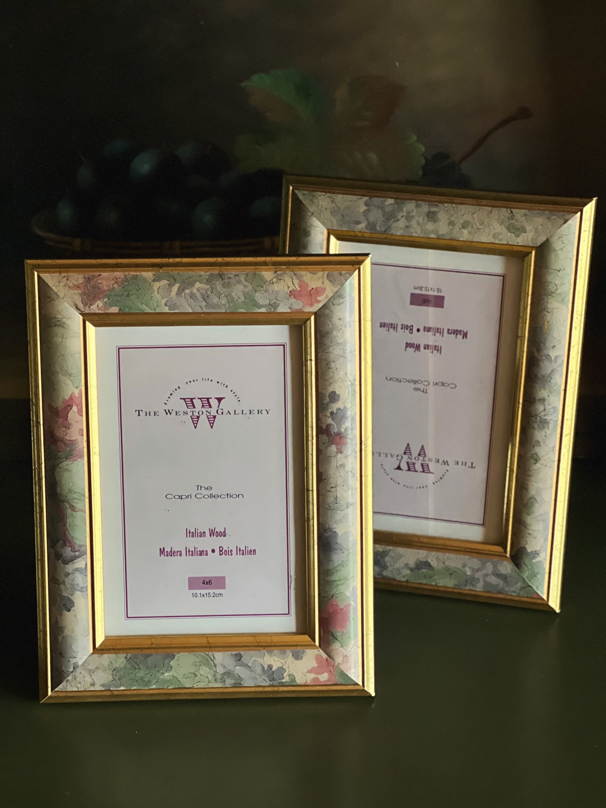 Two decorative picture frames with floral patterns and gold accents on a dark background.