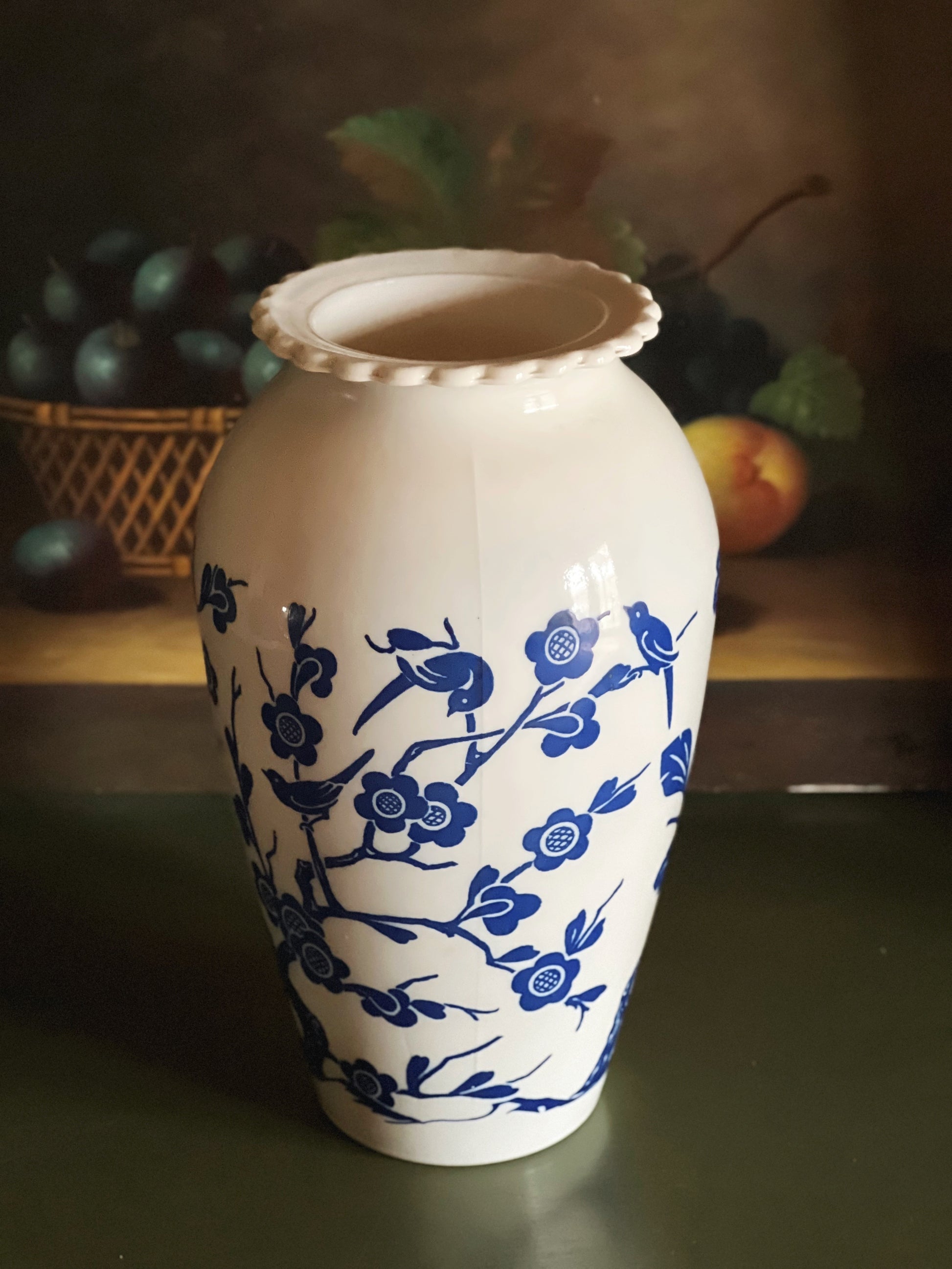 Vintage Blue & White Milk Glass Vase