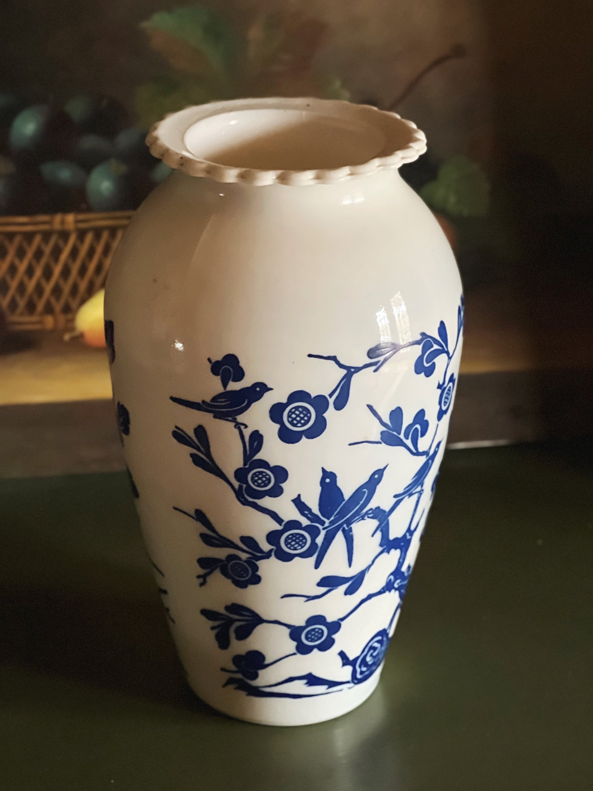 Vintage Blue & White Milk Glass Vase