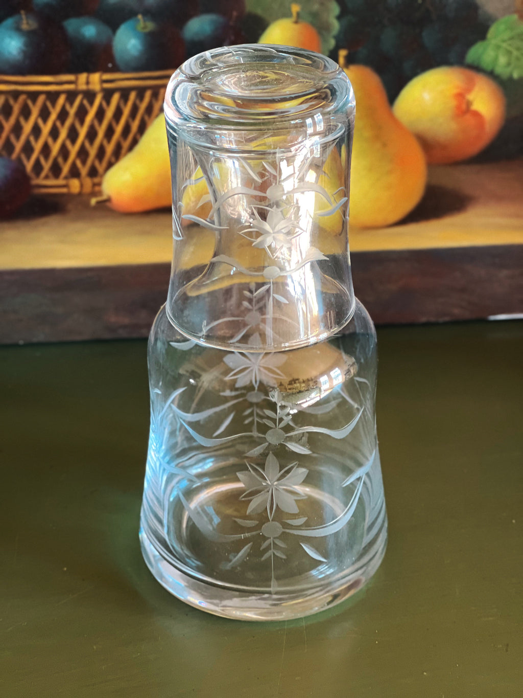 Vintage Etched Glass Bedside Carafe and Tumbler Set