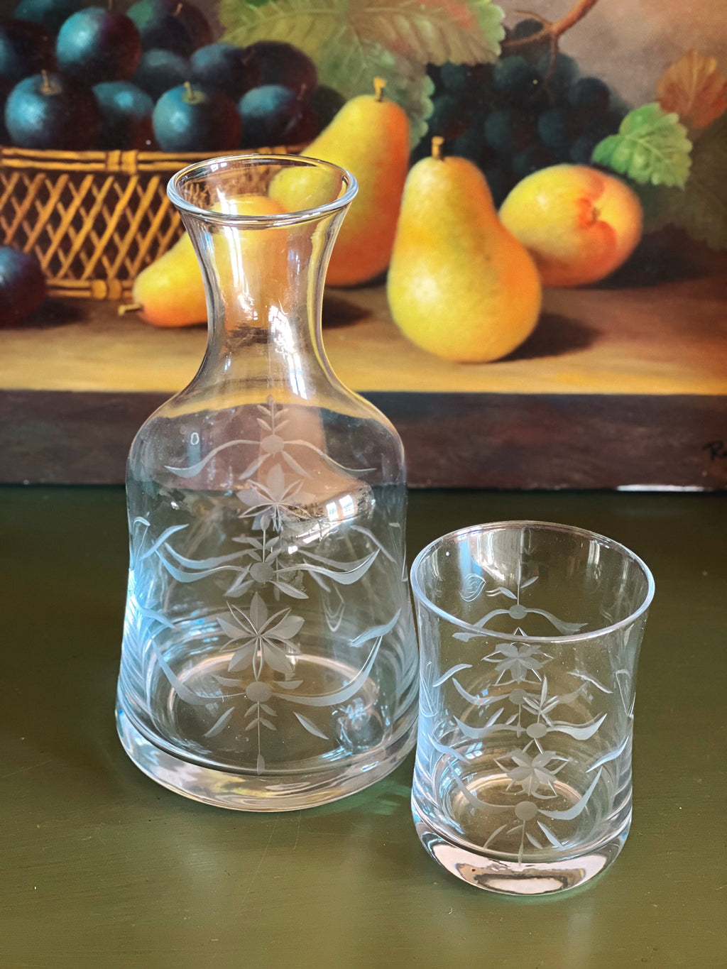 Vintage Etched Glass Bedside Carafe and Tumbler Set