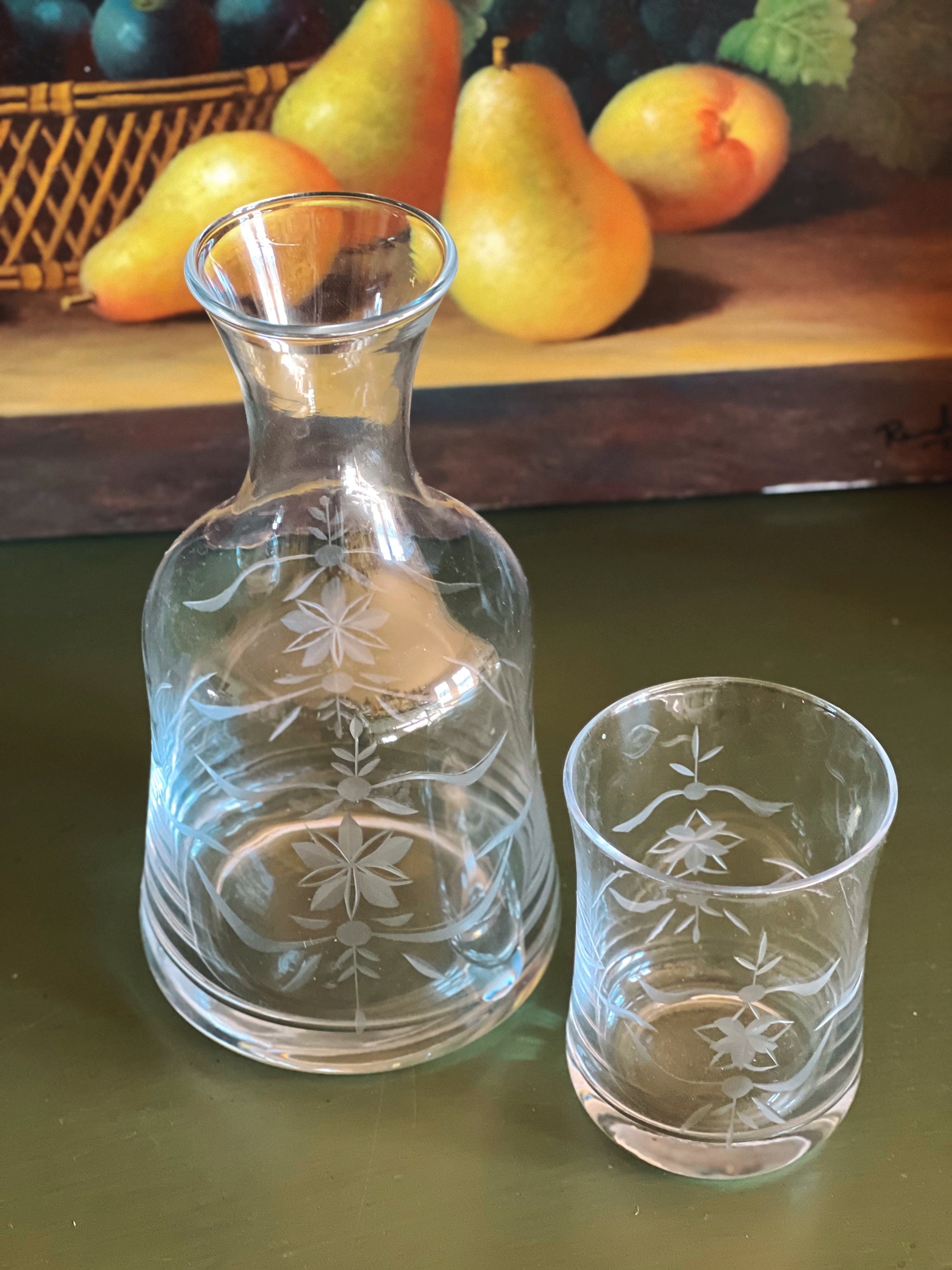 Vintage Etched Glass Bedside Carafe and Tumbler Set