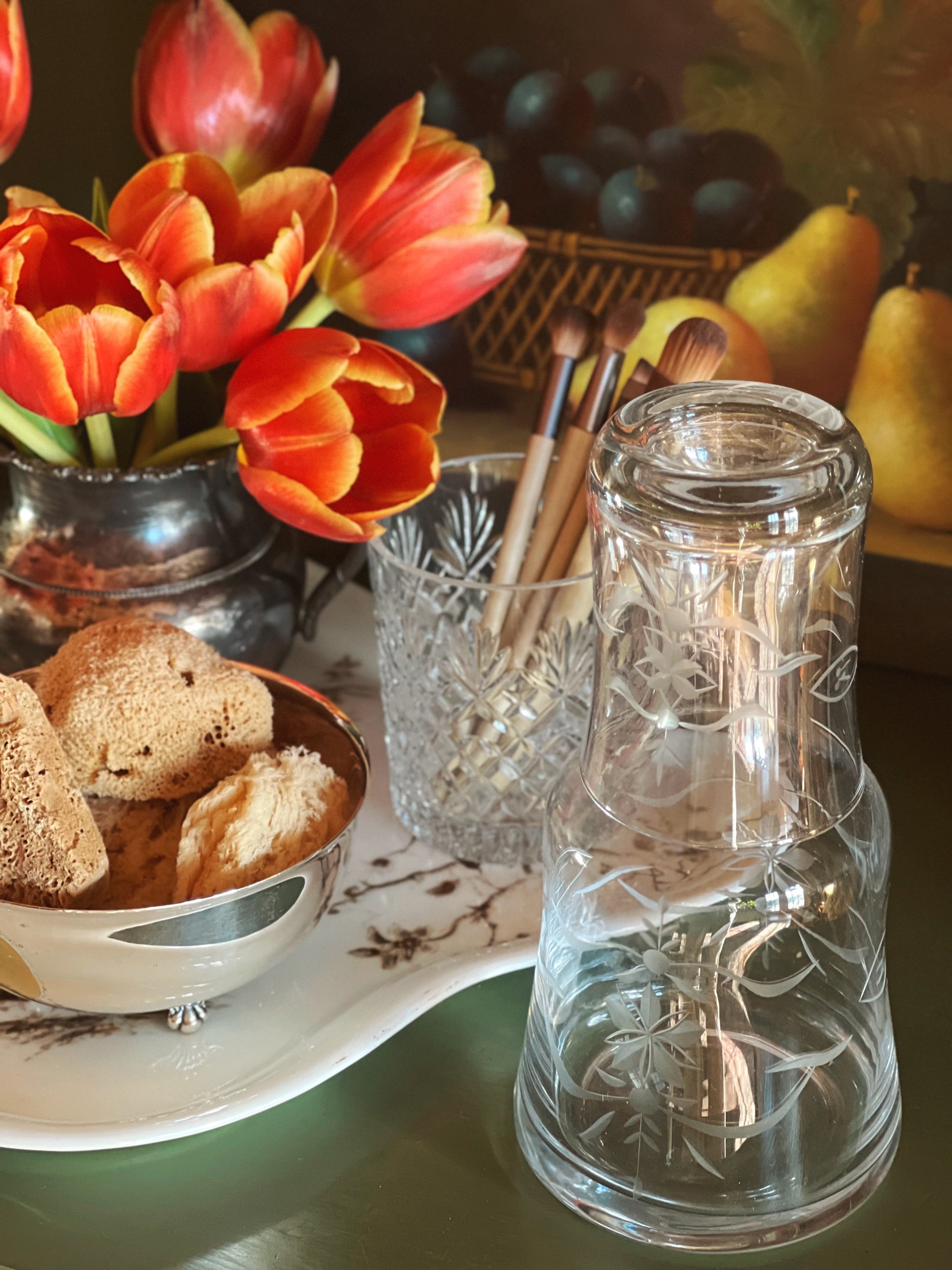 Vintage Etched Glass Bedside Carafe and Tumbler Set