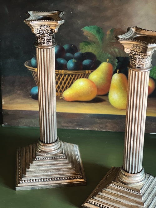 Vintage Pair of Godinger Silver Corinthian Taper Candleholders