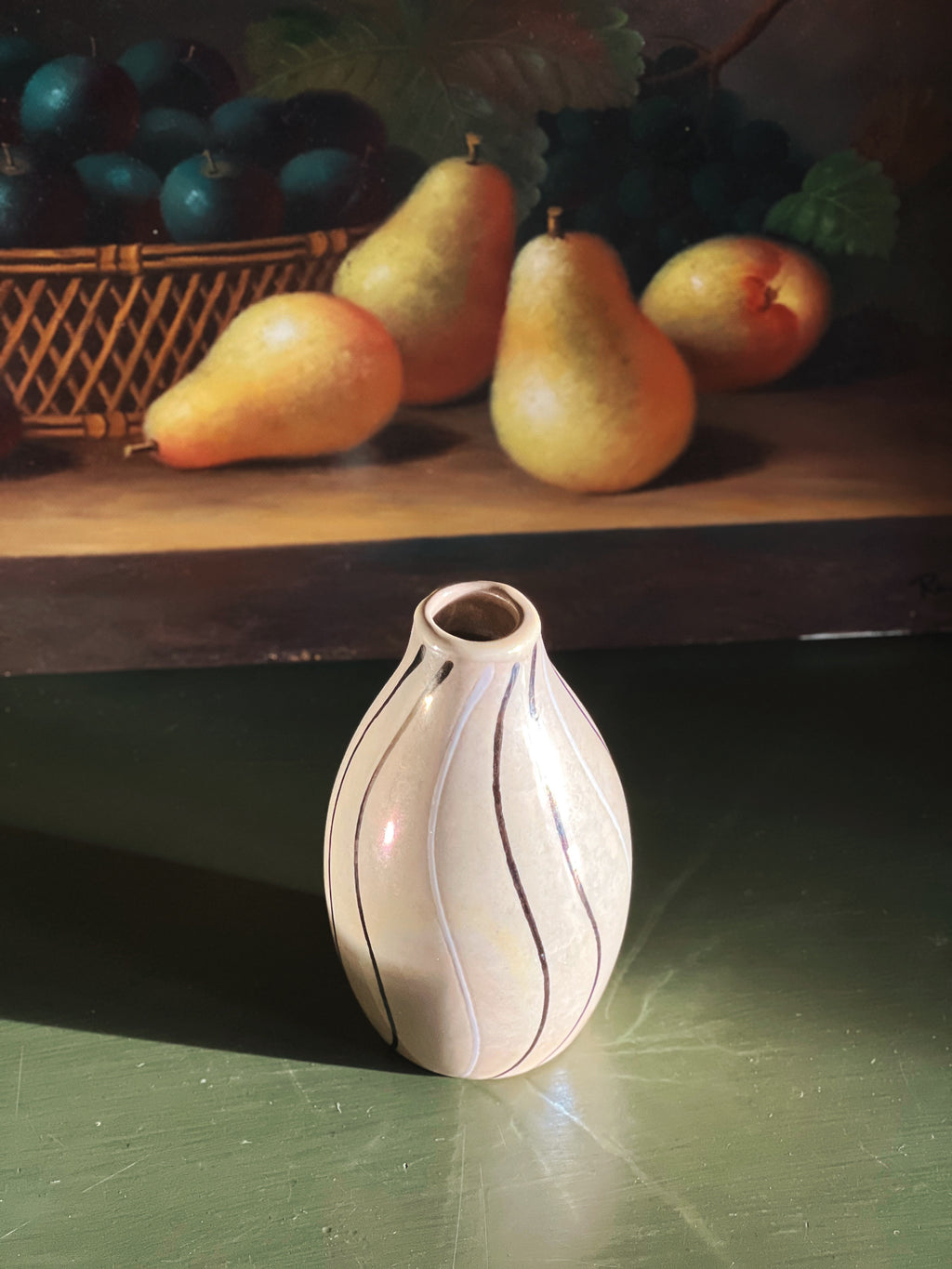 Vintage Lustreware Bud Vase | Iridescent Ceramic, Curved Stripe Detail, 5"