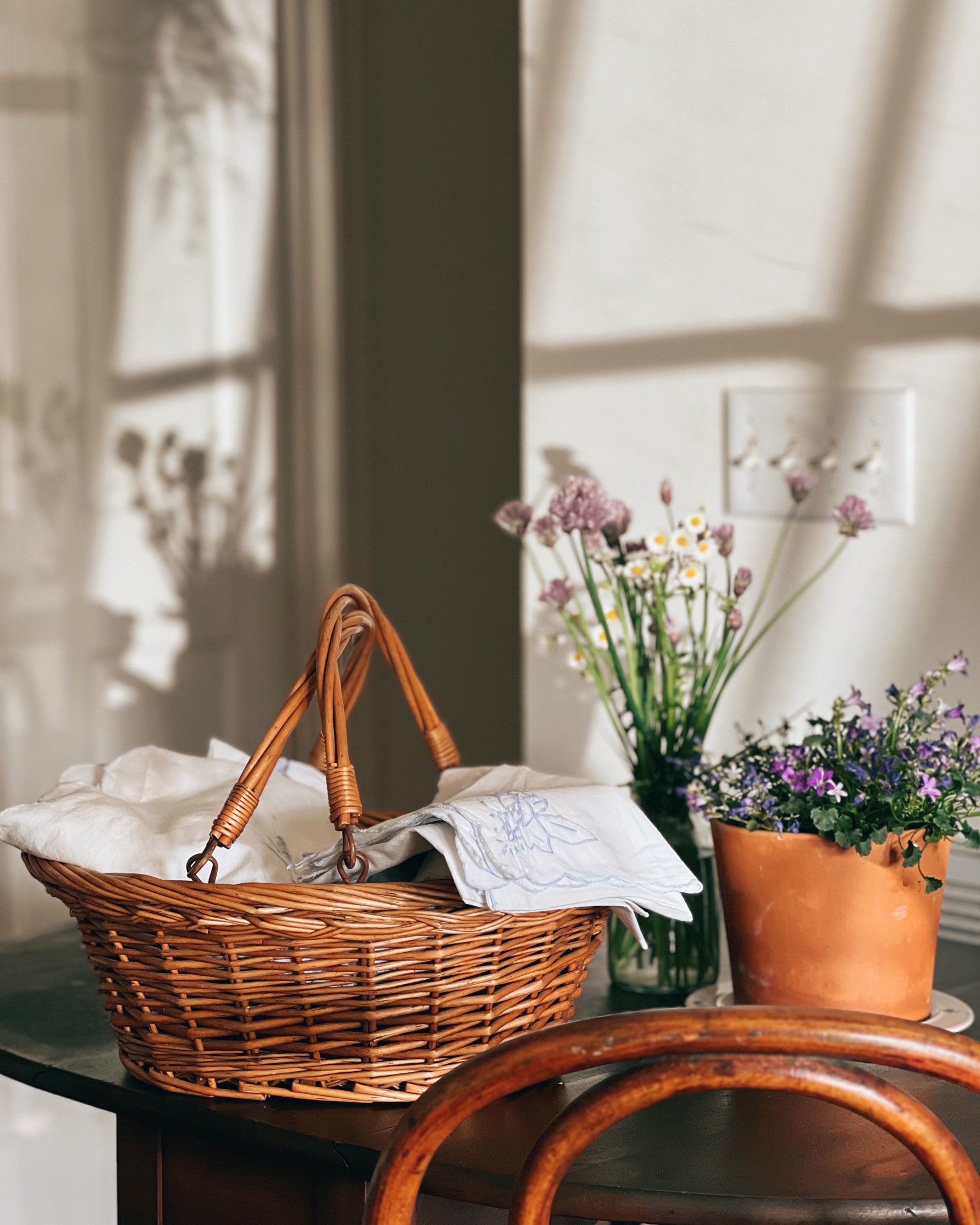 Vintage Two Handle Small Wicker Laundry Basket - Natural Brown