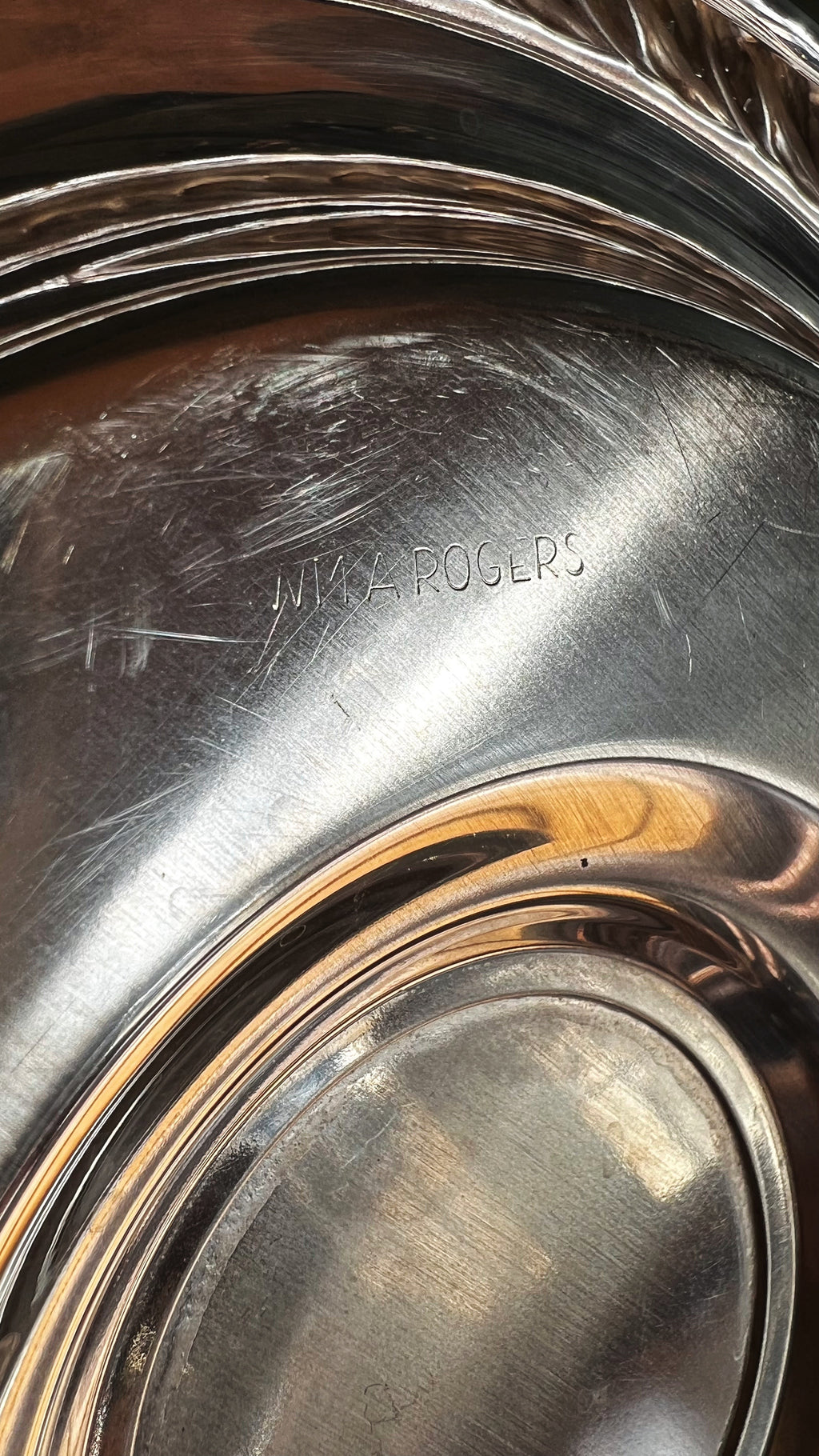 Underside of WM A Rogers silver bowl showing maker's mark and base detail