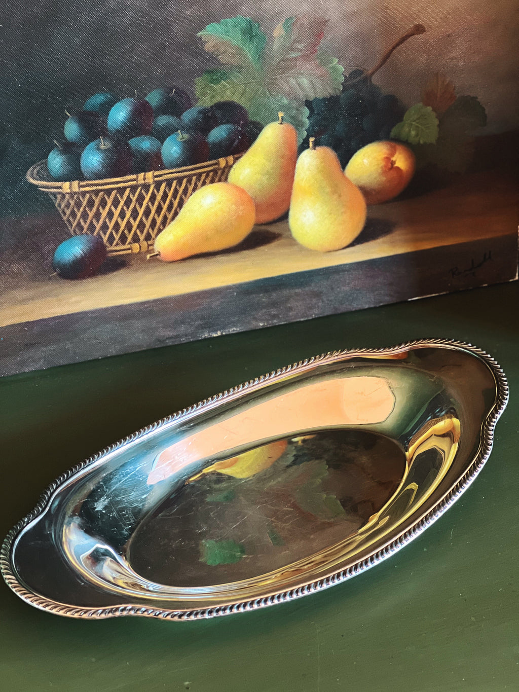 Vintage Oval Silver Serving Tray | Rope Edge Handled Platter, 13.75”