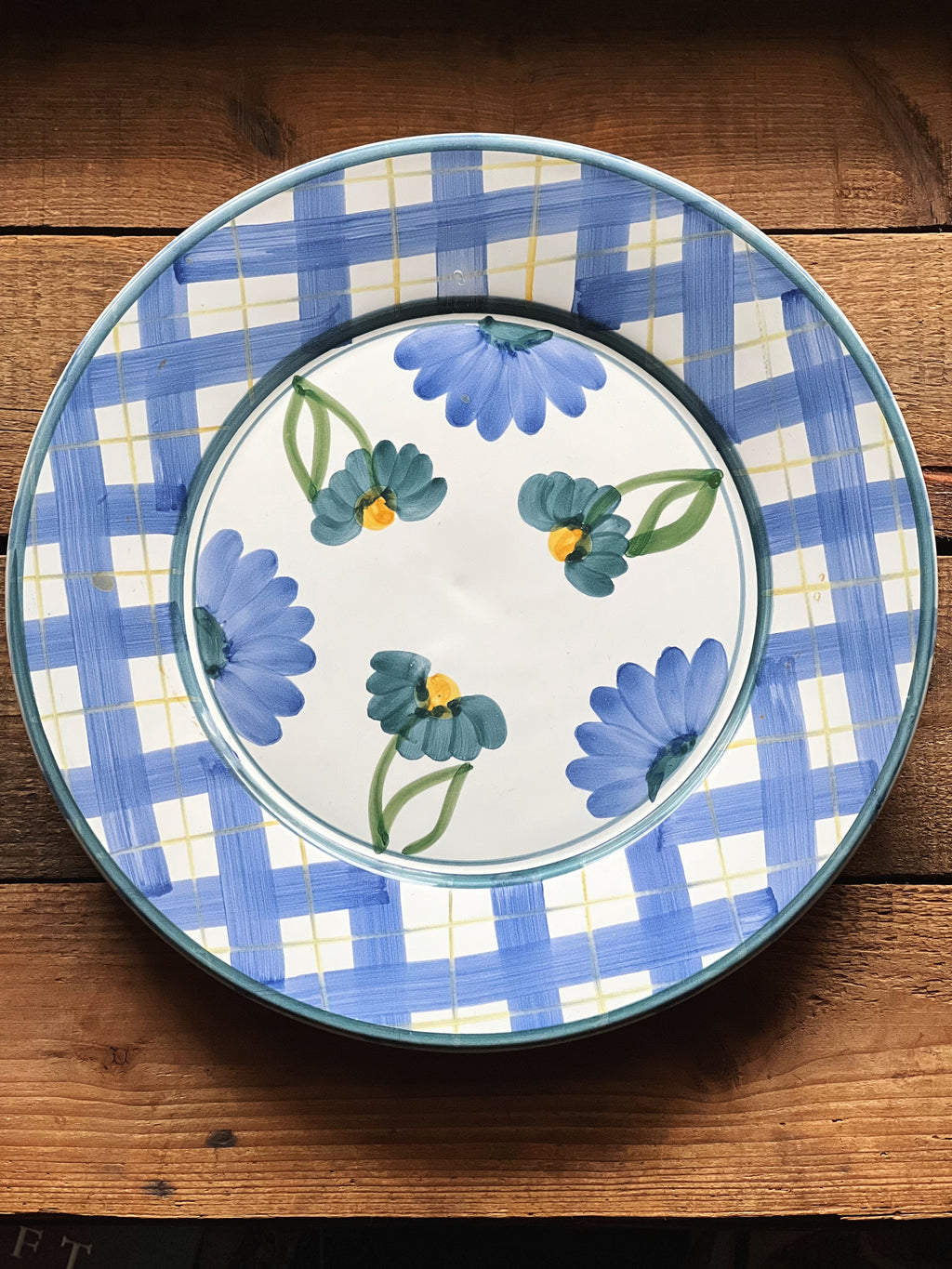 Vintage Italian Hand-Painted Dinner Plate | Blue & White Plaid Ceramic Tableware