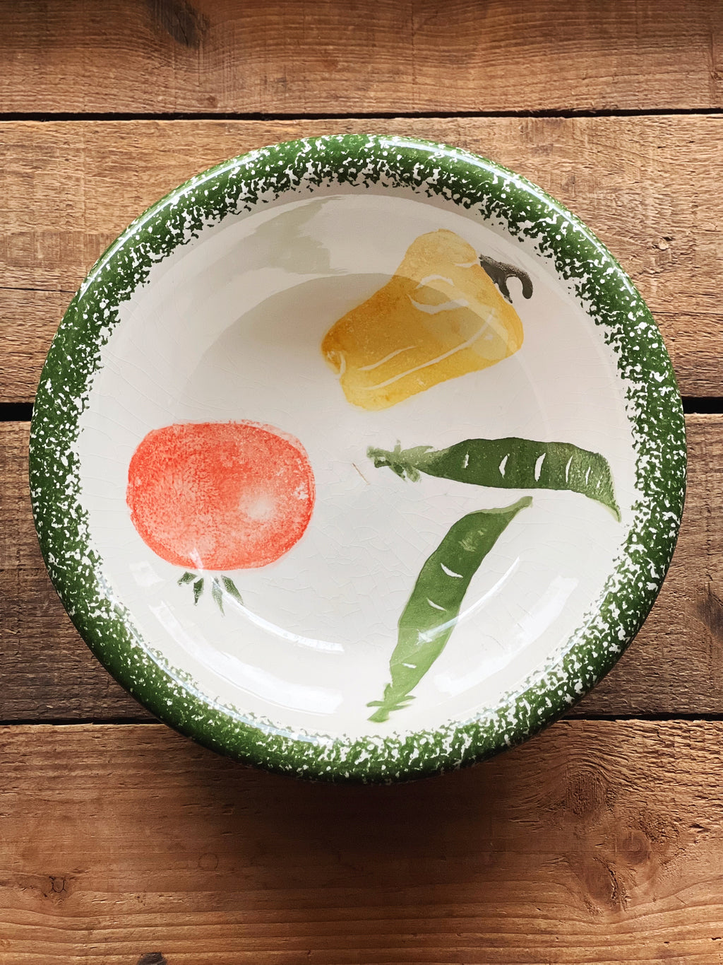 Vintage Vegetable Motif Pasta Bowls, Set of 4 | Green Spongeware Rim Ceramic Bowls