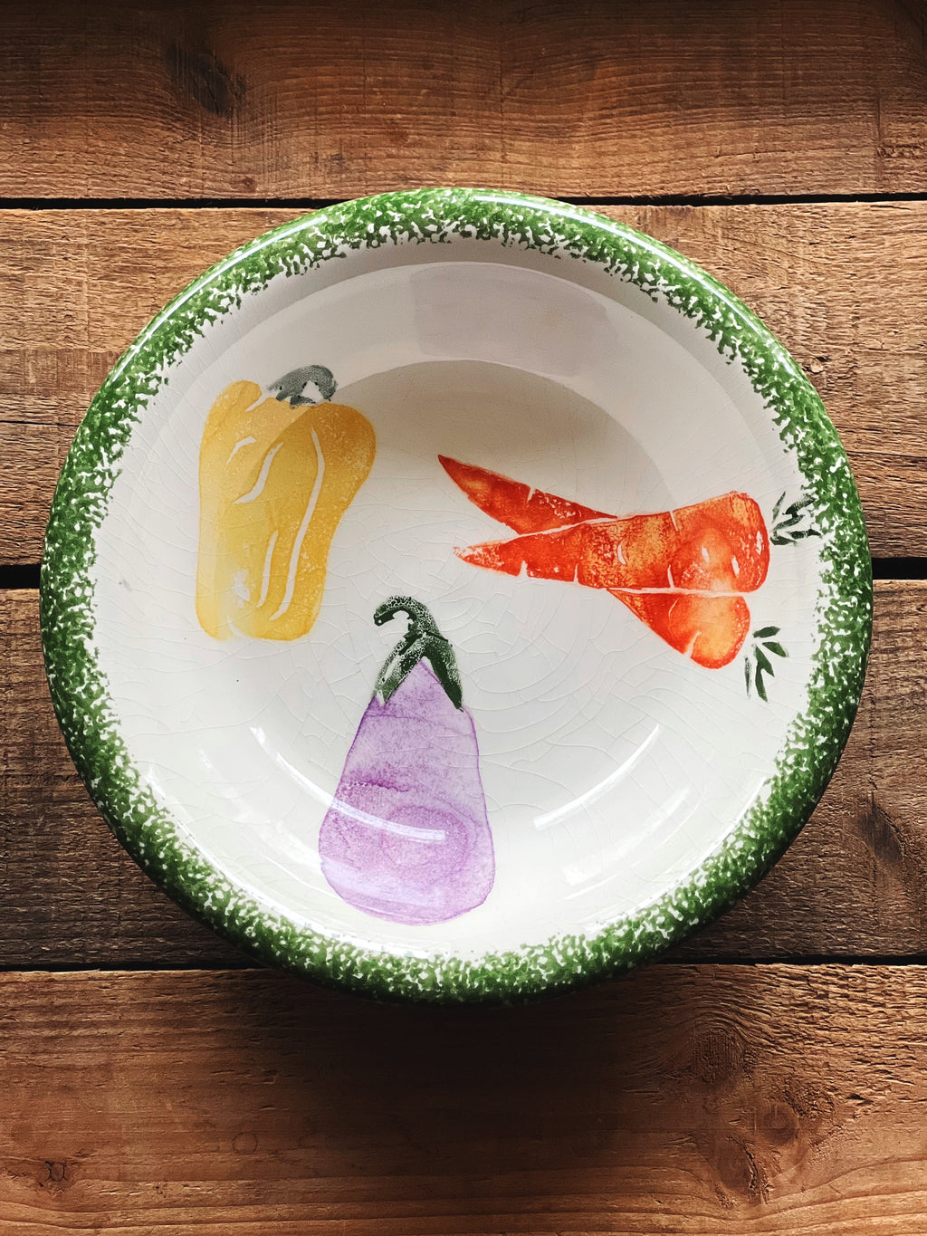 Vintage Vegetable Motif Pasta Bowls, Set of 4 | Green Spongeware Rim Ceramic Bowls