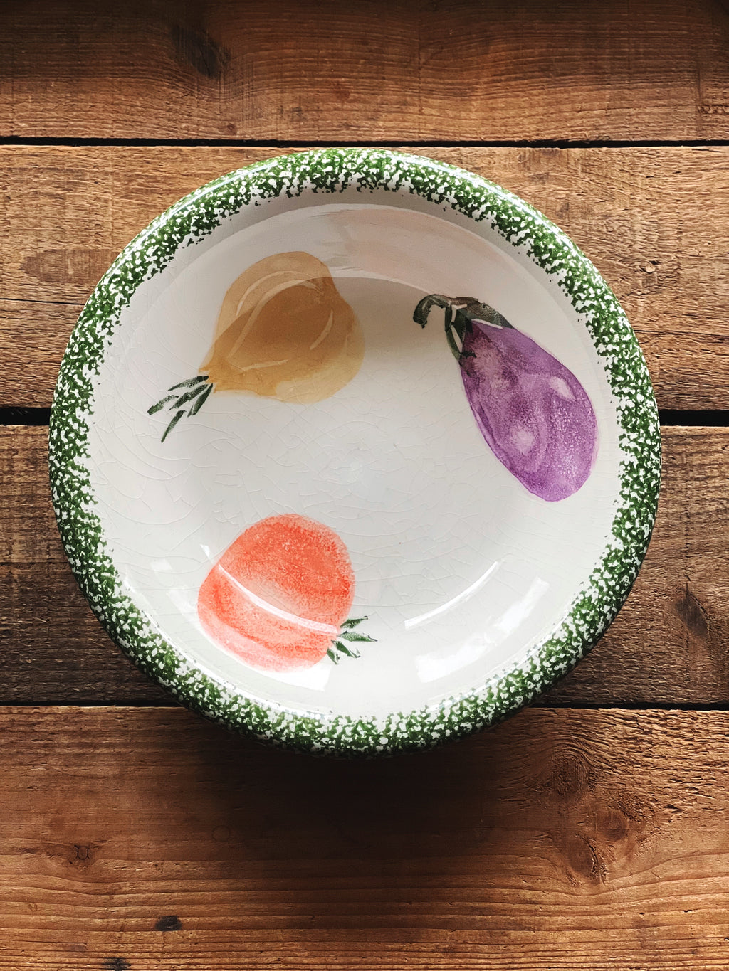 Vintage Vegetable Motif Pasta Bowls, Set of 4 | Green Spongeware Rim Ceramic Bowls