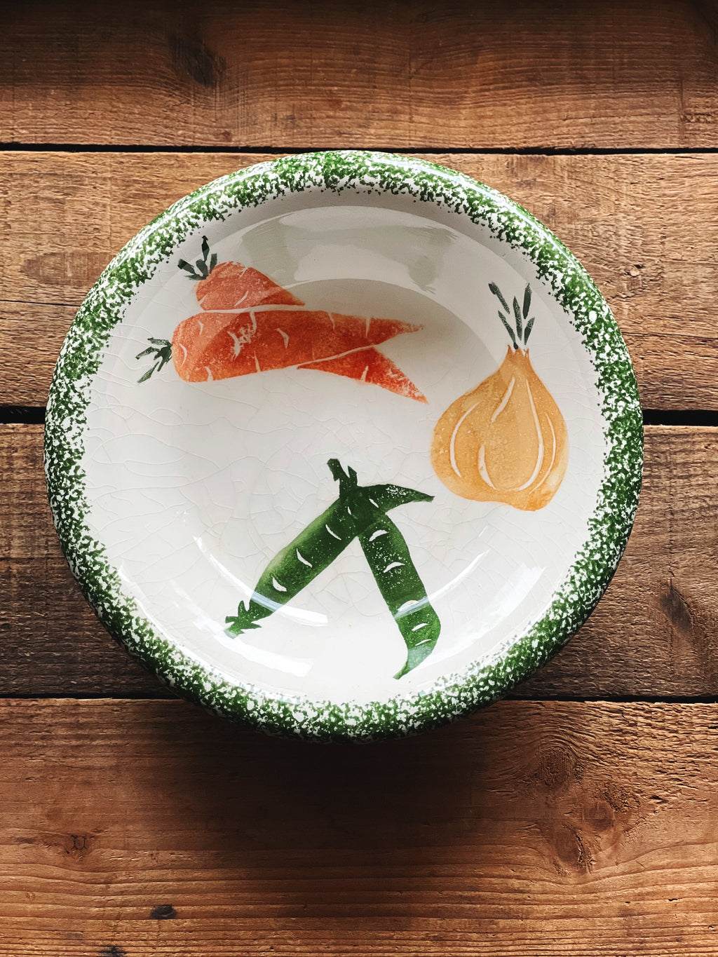 Vintage Vegetable Motif Pasta Bowls, Set of 4 | Green Spongeware Rim Ceramic Bowls