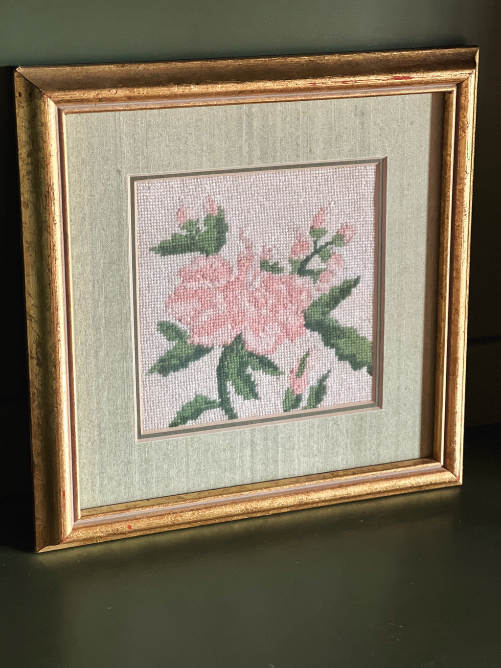 Vintage Framed Floral Cross Stitch | Pink Roses, Gilt Frame Wall Art