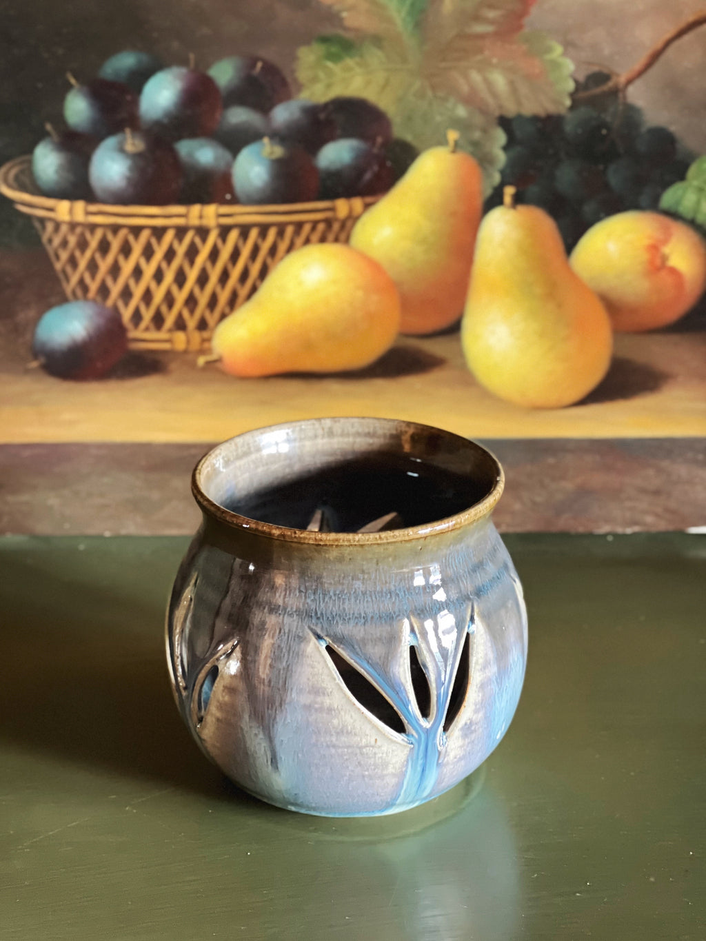 Vintage Hand Made Pottery Votive Candle Holder | Blue Glaze Ceramic Candle Holder, 4"