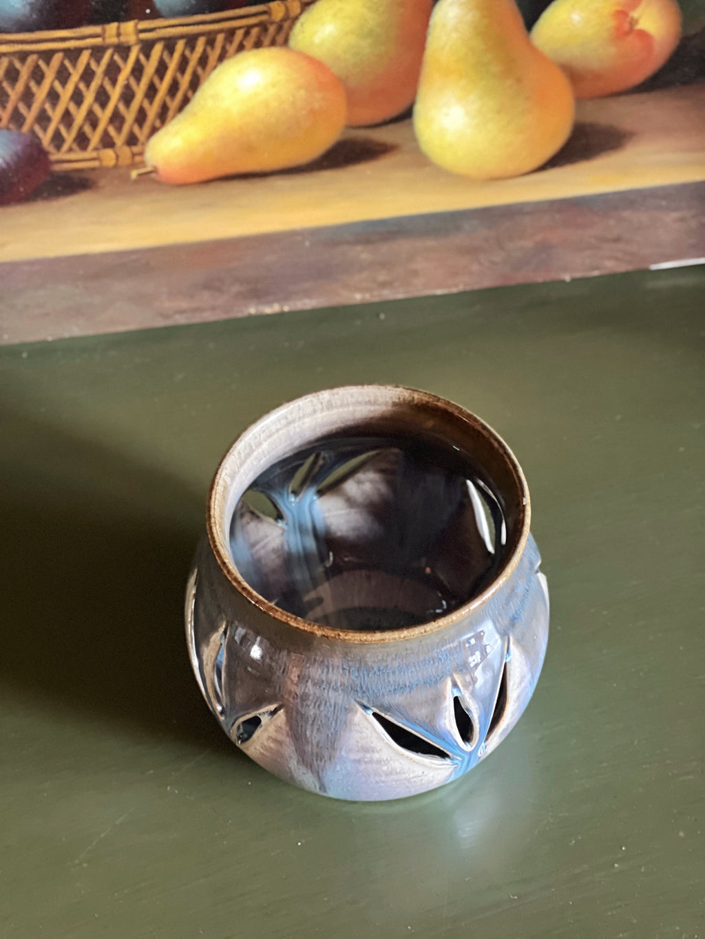 Vintage Hand Made Pottery Votive Candle Holder | Blue Glaze Ceramic Candle Holder, 4"