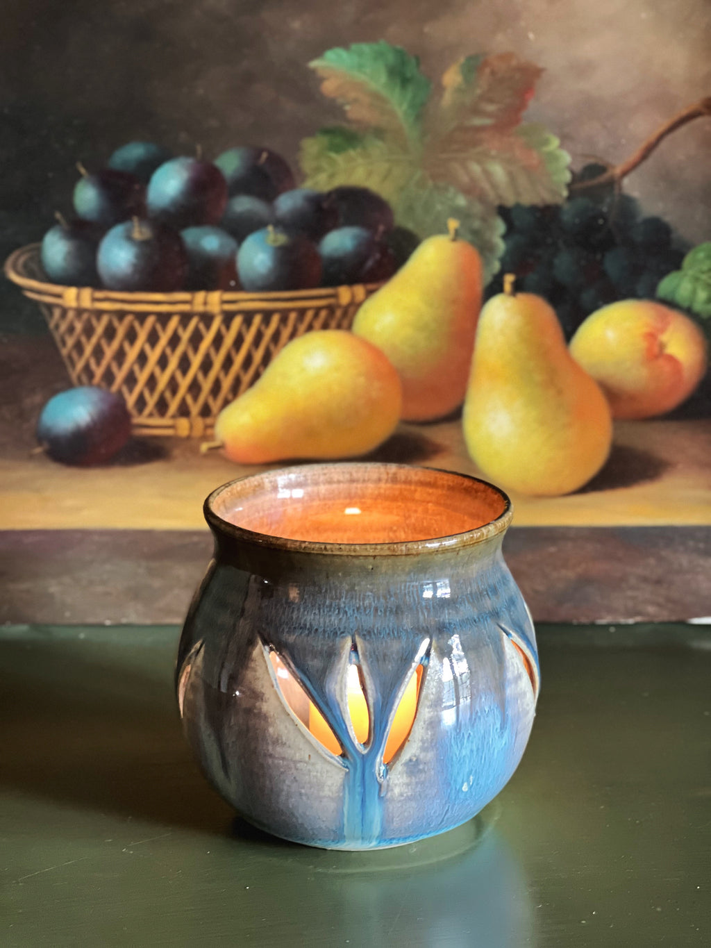 Vintage Hand Made Pottery Votive Candle Holder | Blue Glaze Ceramic Candle Holder, 4"