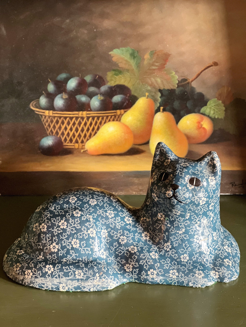 Large Vintage Calico Cat Figurine | Blue Floral Ceramic, Cottage Style Decor