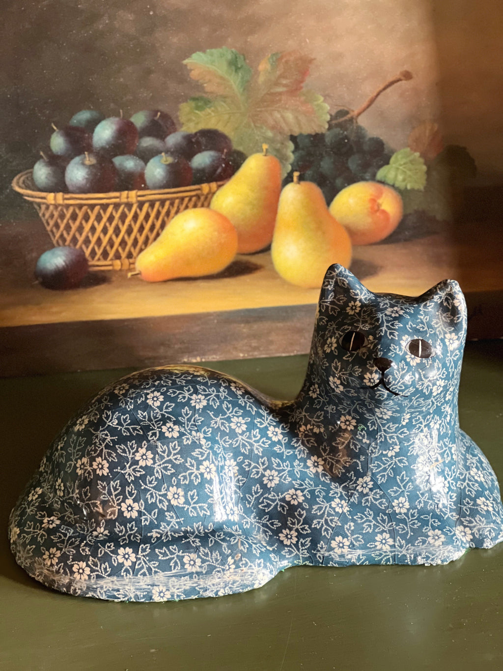 Large Vintage Calico Cat Figurine | Blue Floral Ceramic, Cottage Style Decor