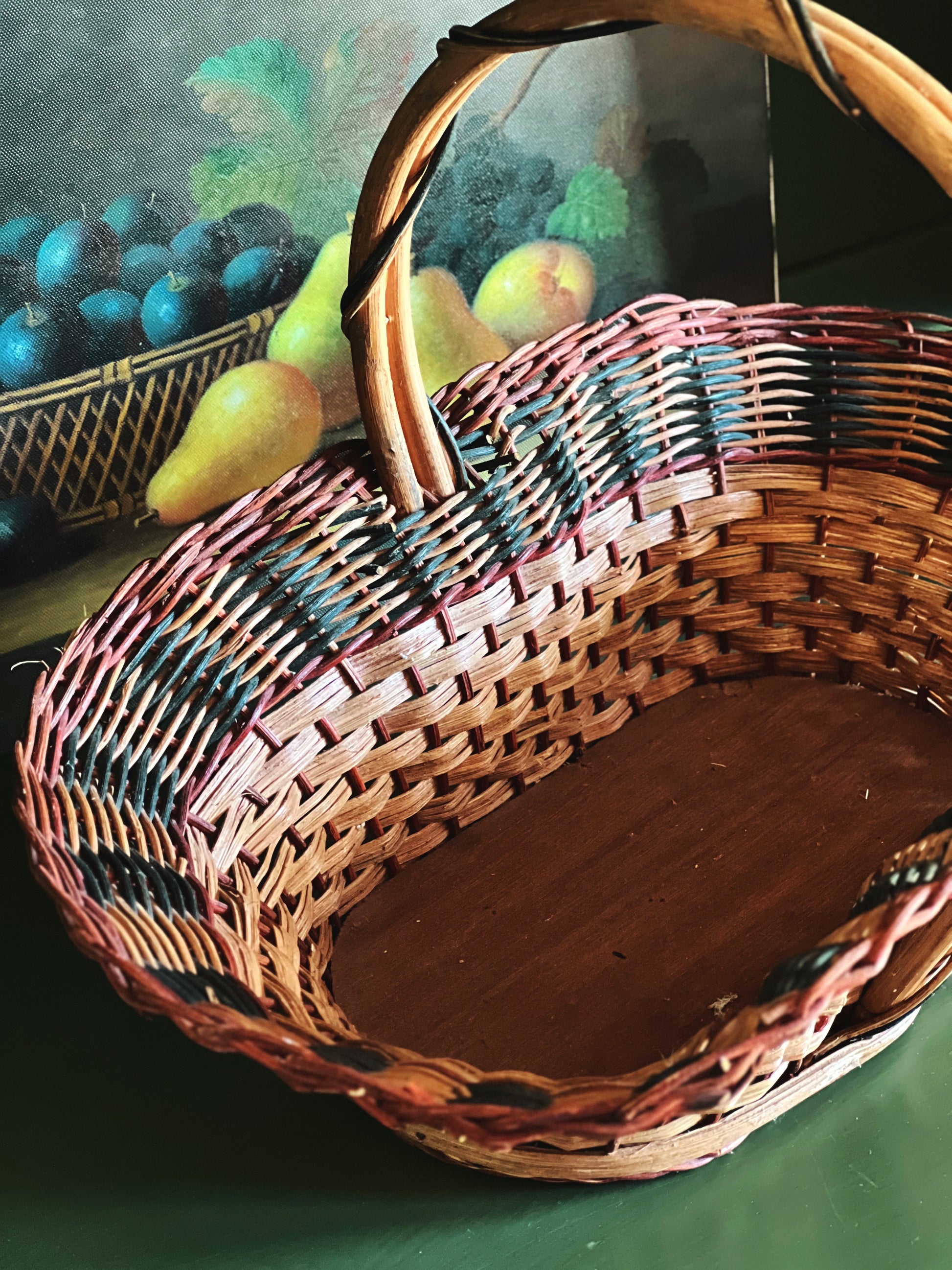 Woven multicolor bamboo basket with handle, decorative storage basket
