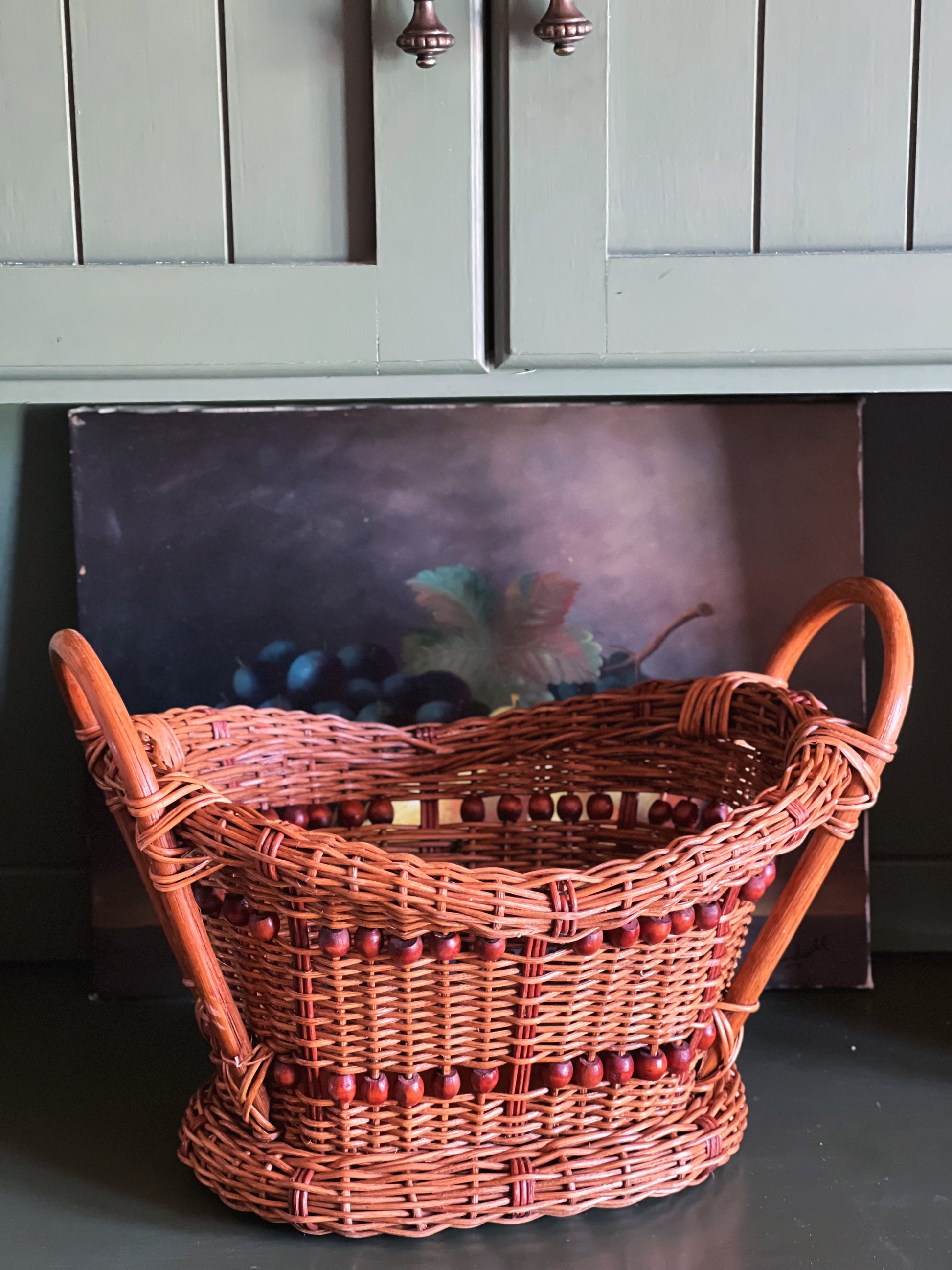 Vintage bamboo oval basket with beaded detail and wood base, woven basket