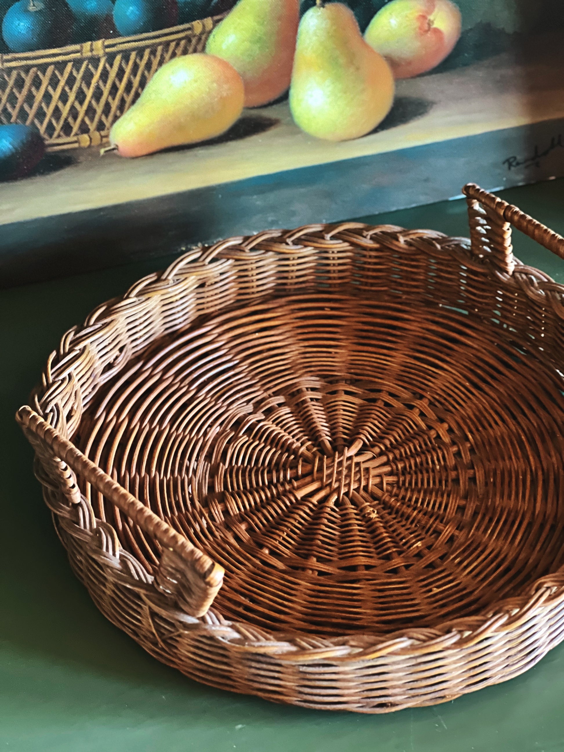 Vintage soft brown wicker serving tray with handles, woven tray
