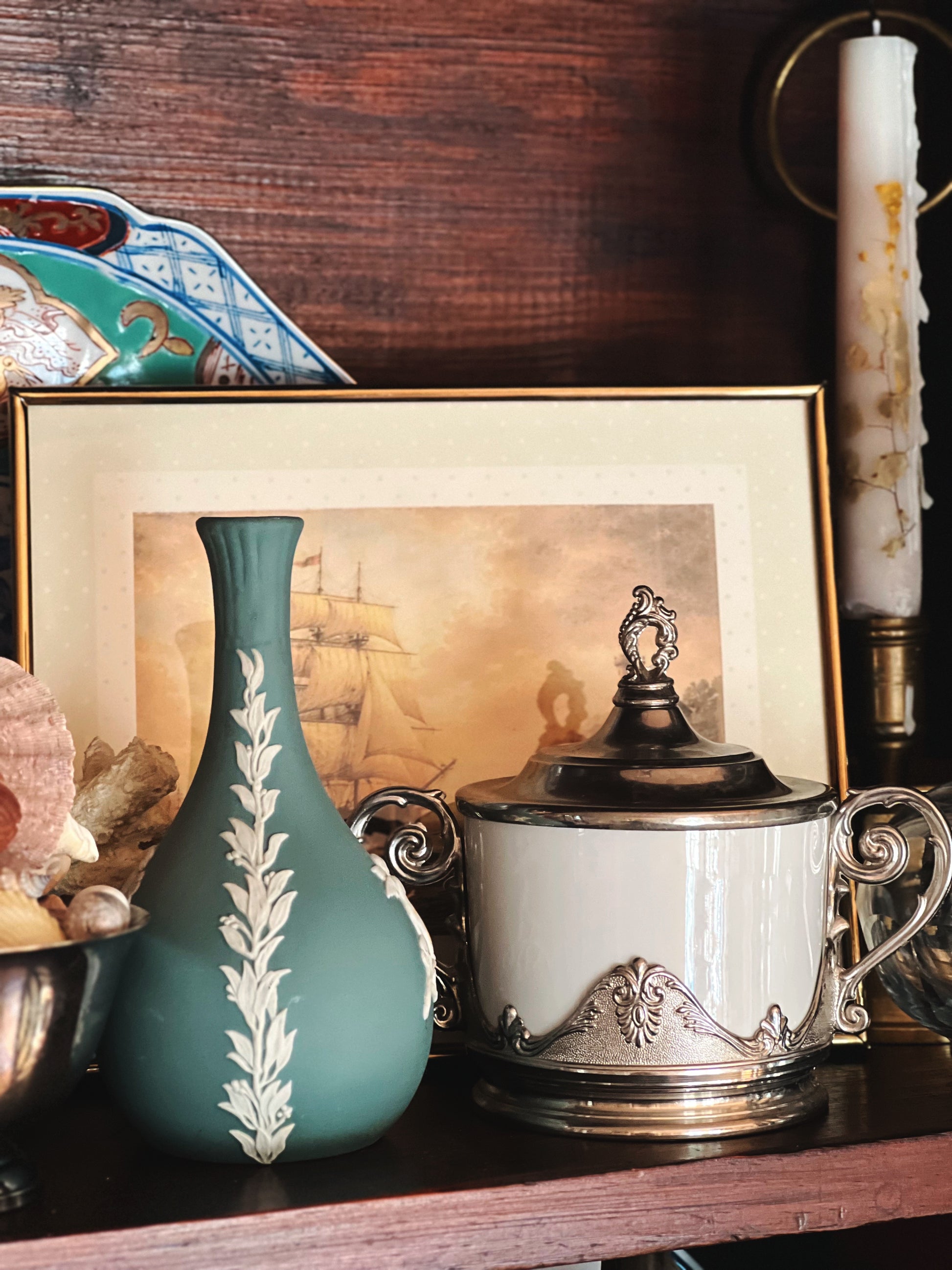 Coastal styled shelf with ramekin and silver holder, vintage kitchen decor