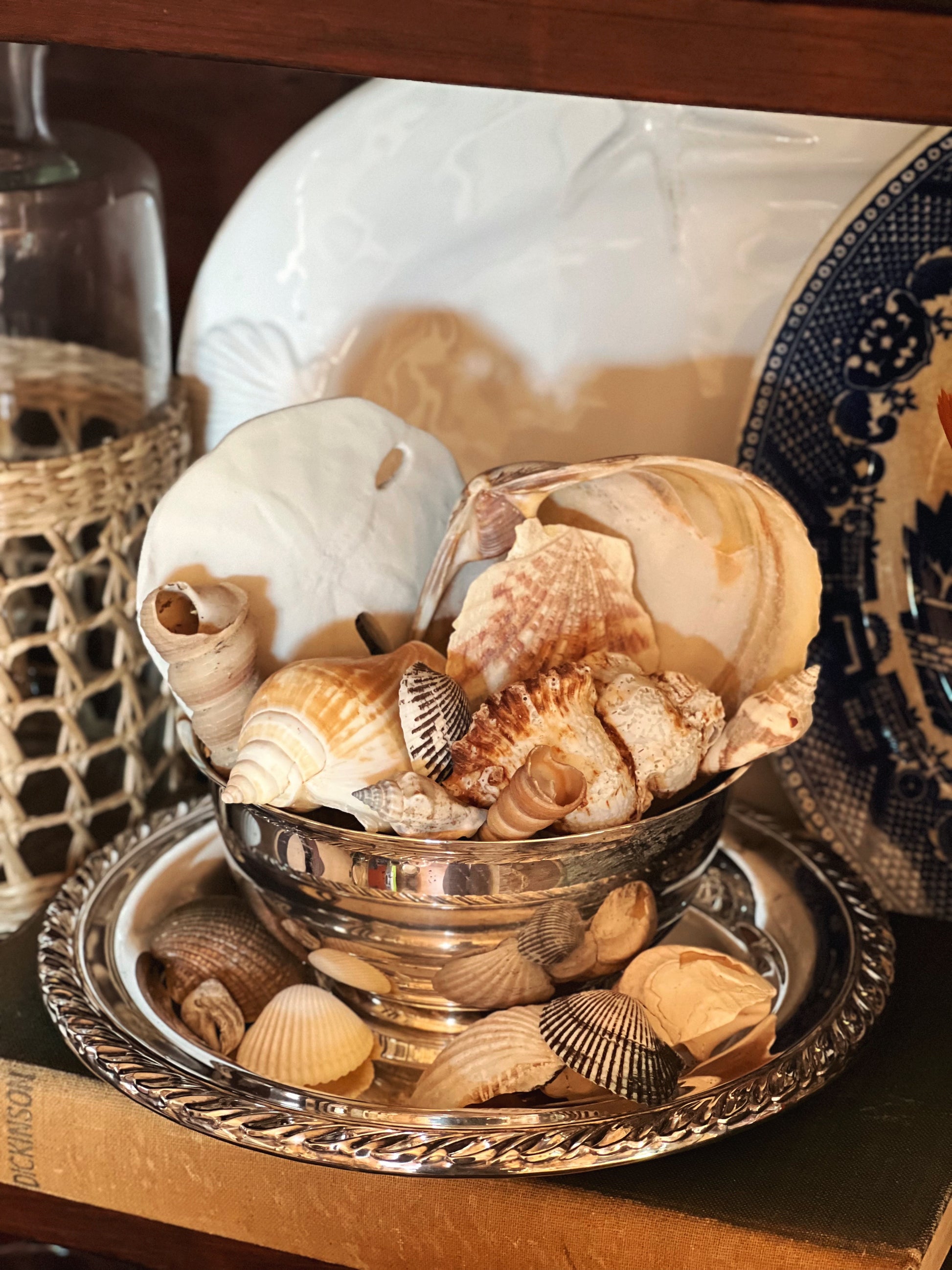 Silver serving bowl with attached underplate styled with natural elements on shelf