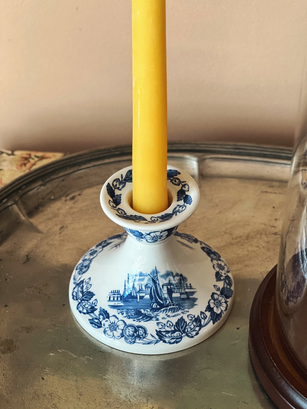 Spode Blue Room Old Salem candlestick holder with taper candle in blue and white transferware