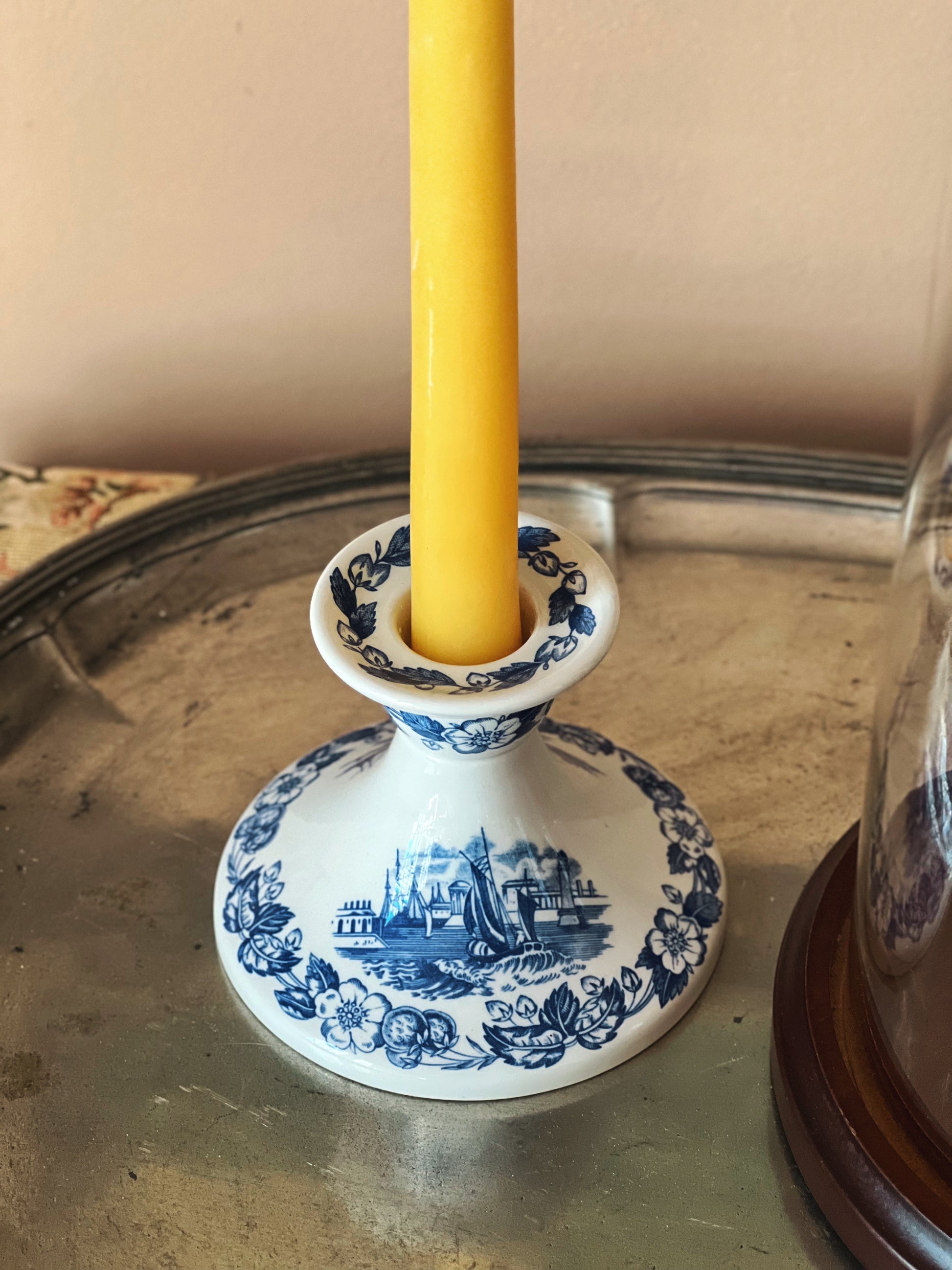 Spode Blue Room Old Salem candlestick holder with taper candle in blue and white transferware