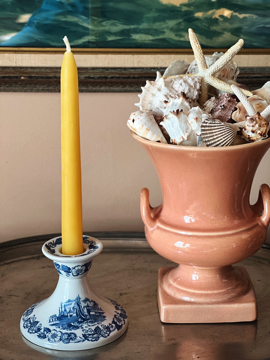 Vintage Spode blue and white candlestick holder styled with coastal decor and ceramic urn
