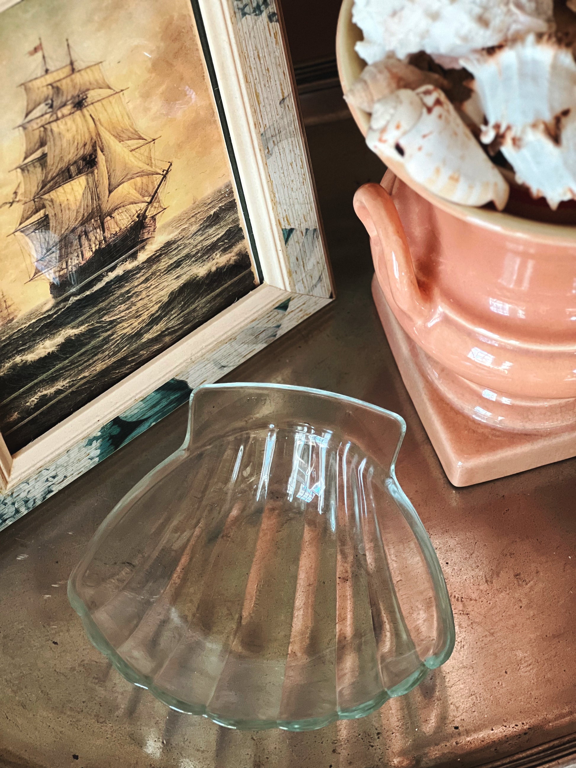 Vintage French glass scallop shell dish by Soveril, coastal serving dish