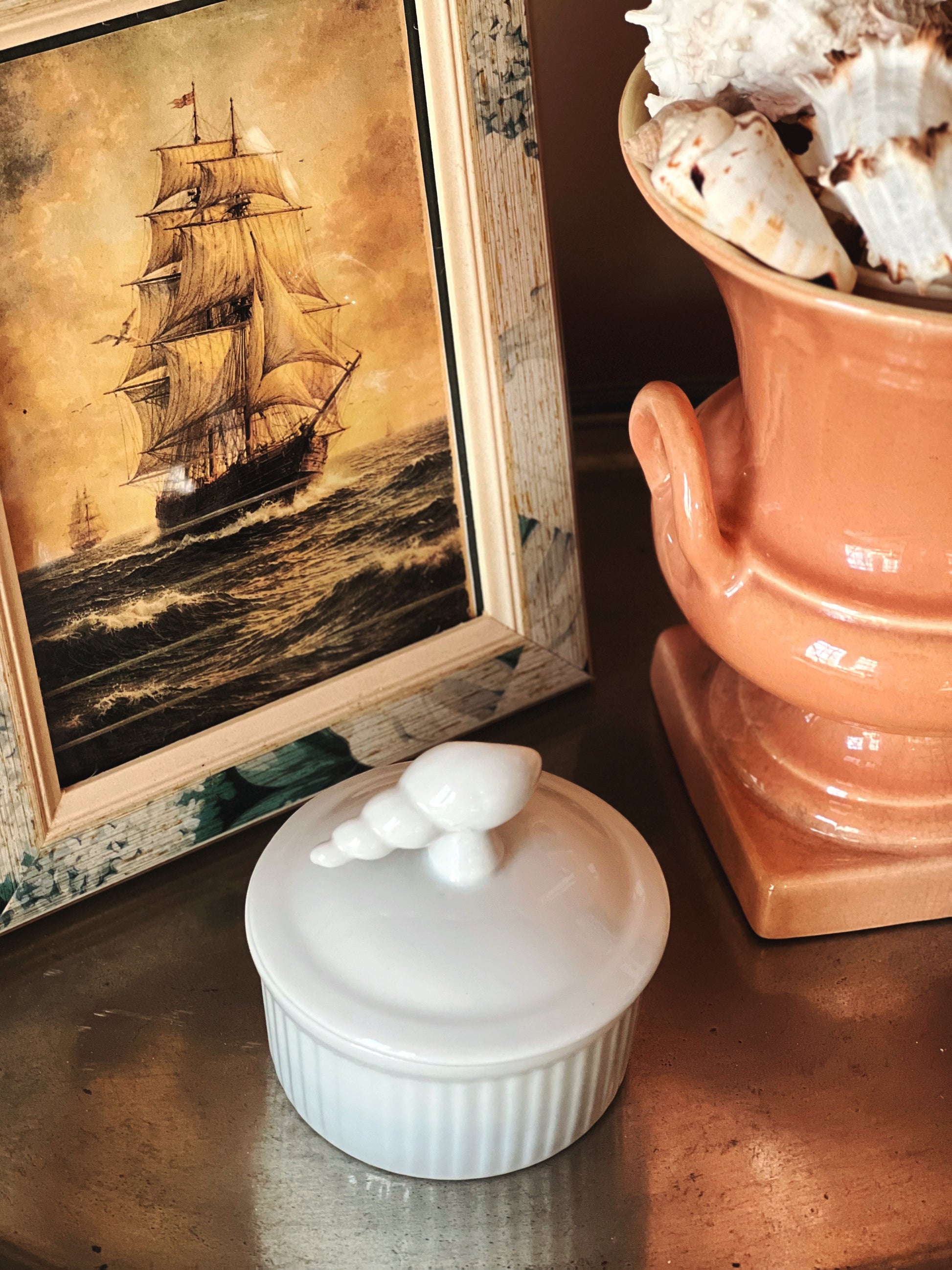 White ceramic ramekin with shell finial lid, coastal kitchen decor