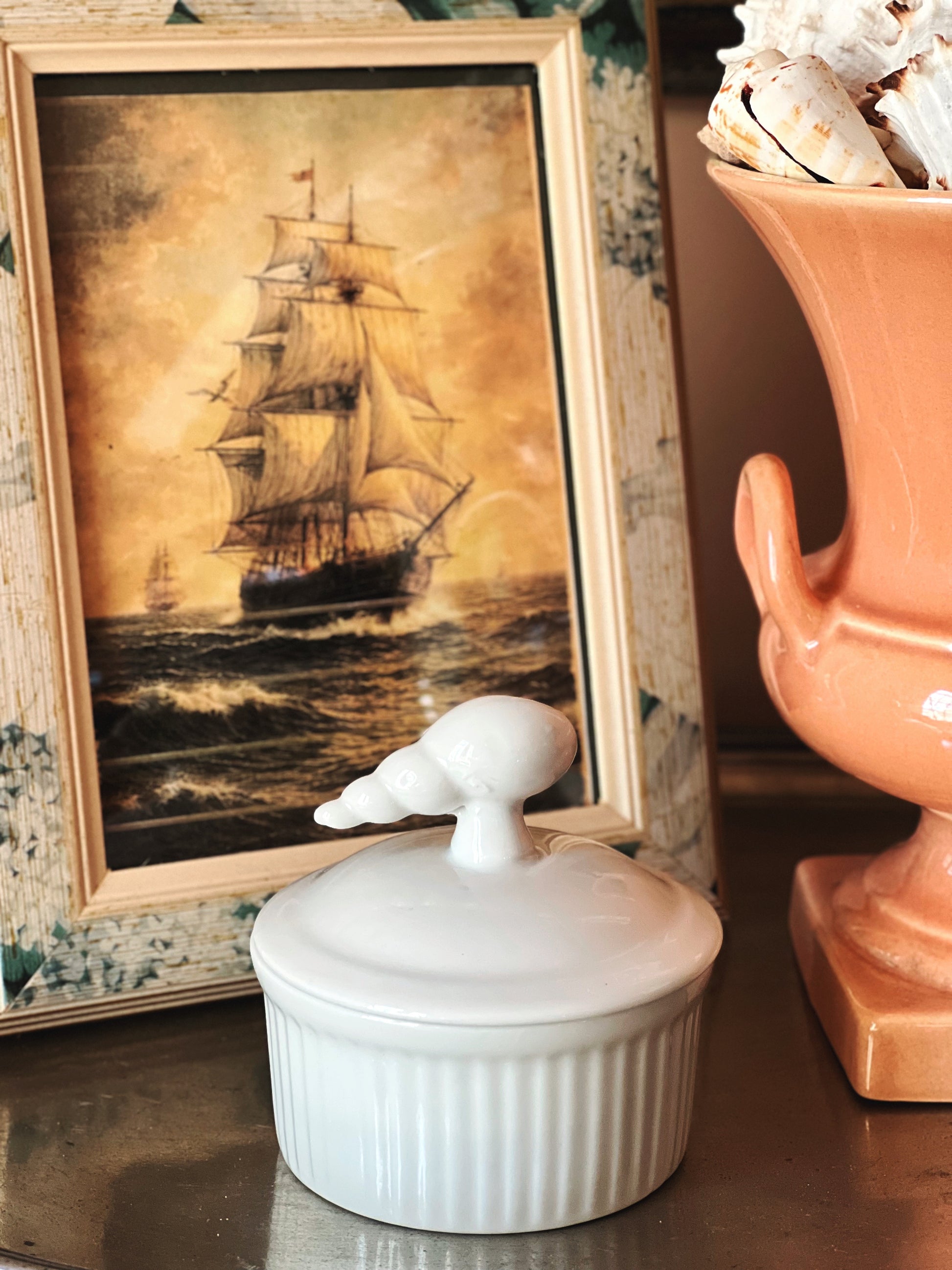 Vintage ceramic covered ramekin with shell lid, coastal white ramekin