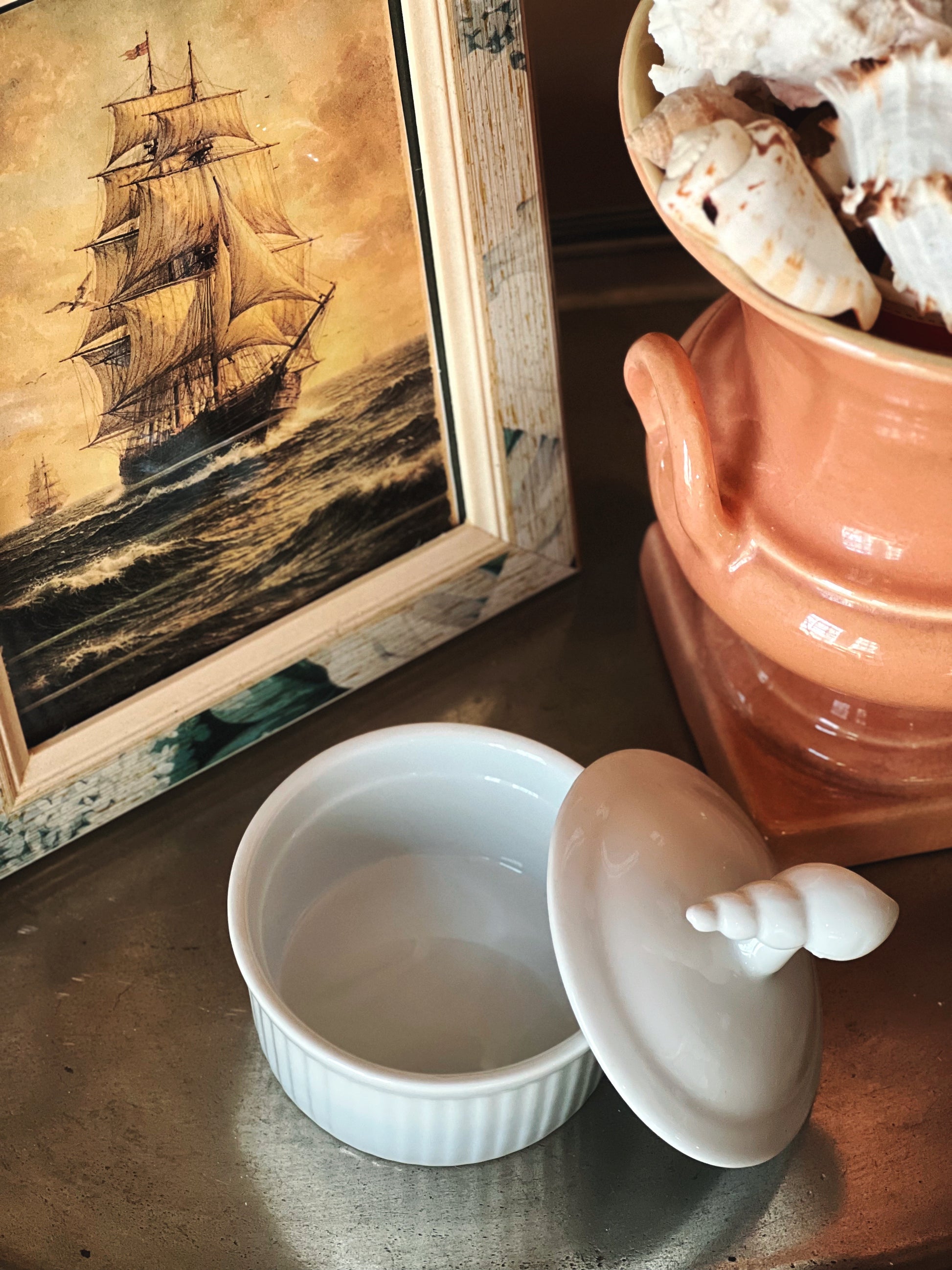 Vintage white ramekin with lid removed, small ceramic dish
