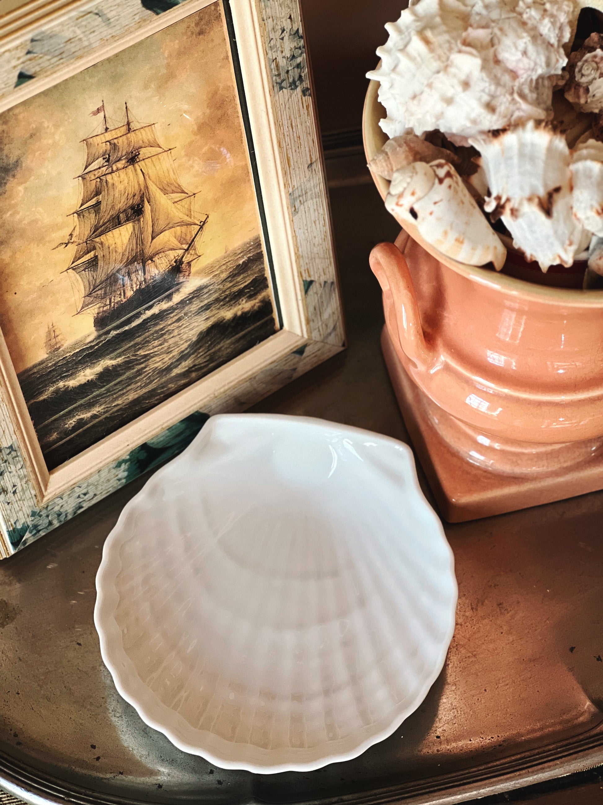 Vintage scallop shell dish, coastal ceramic serving dish