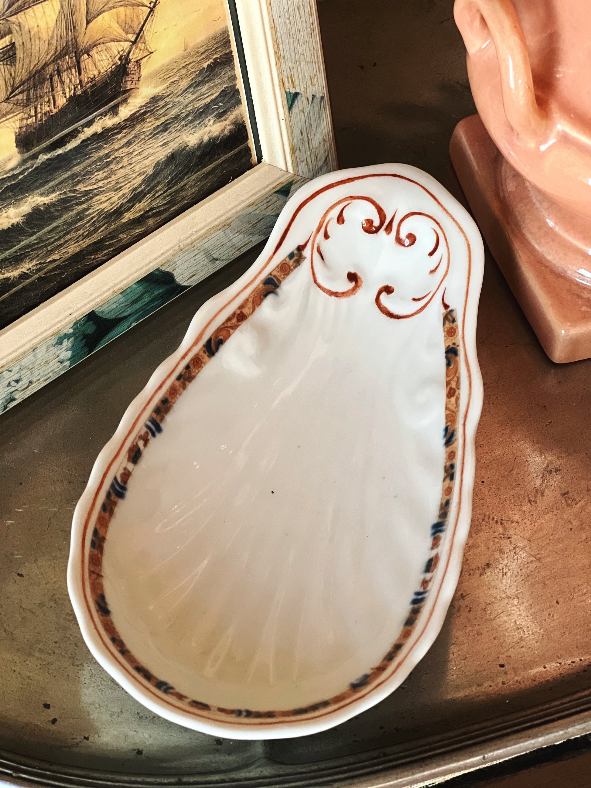 Scammell's Lamberton china shell dish with floral detail in warm cognac tones