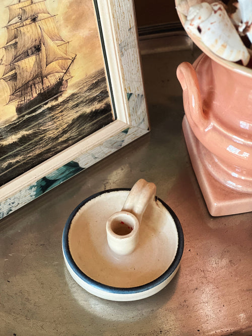 Vintage Handcrafted Pottery Taper Candle Holder | Blue Trim Earthenware Chamberstick