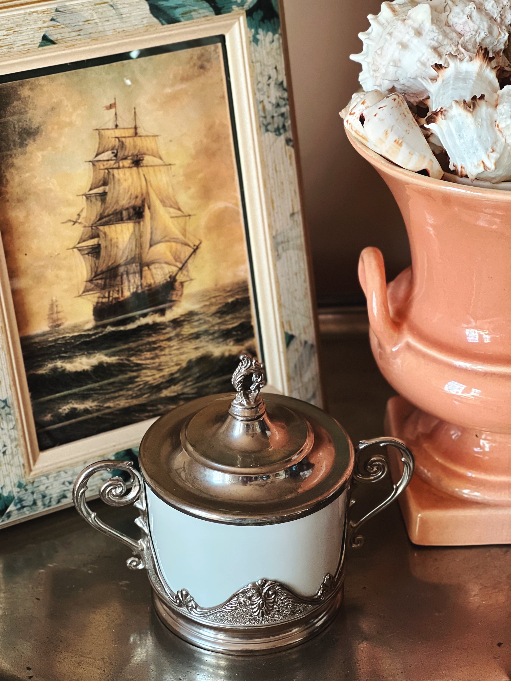 Vintage lidded ramekin with silver holder, small ceramic serving dish