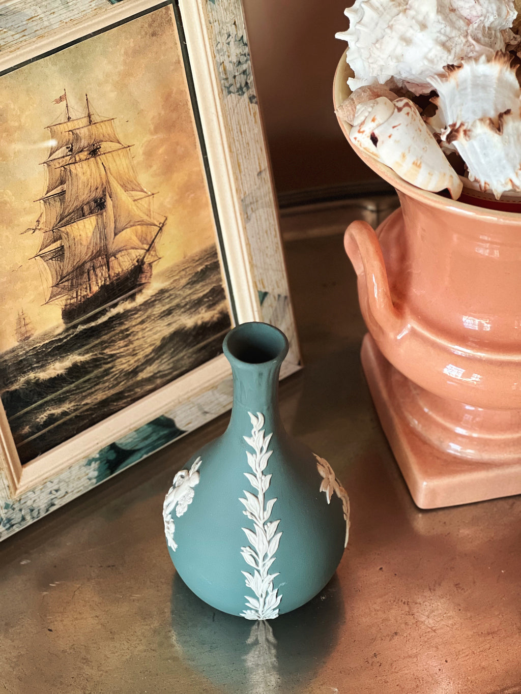 Blue Wedgwood jasper ware vase with classical relief design