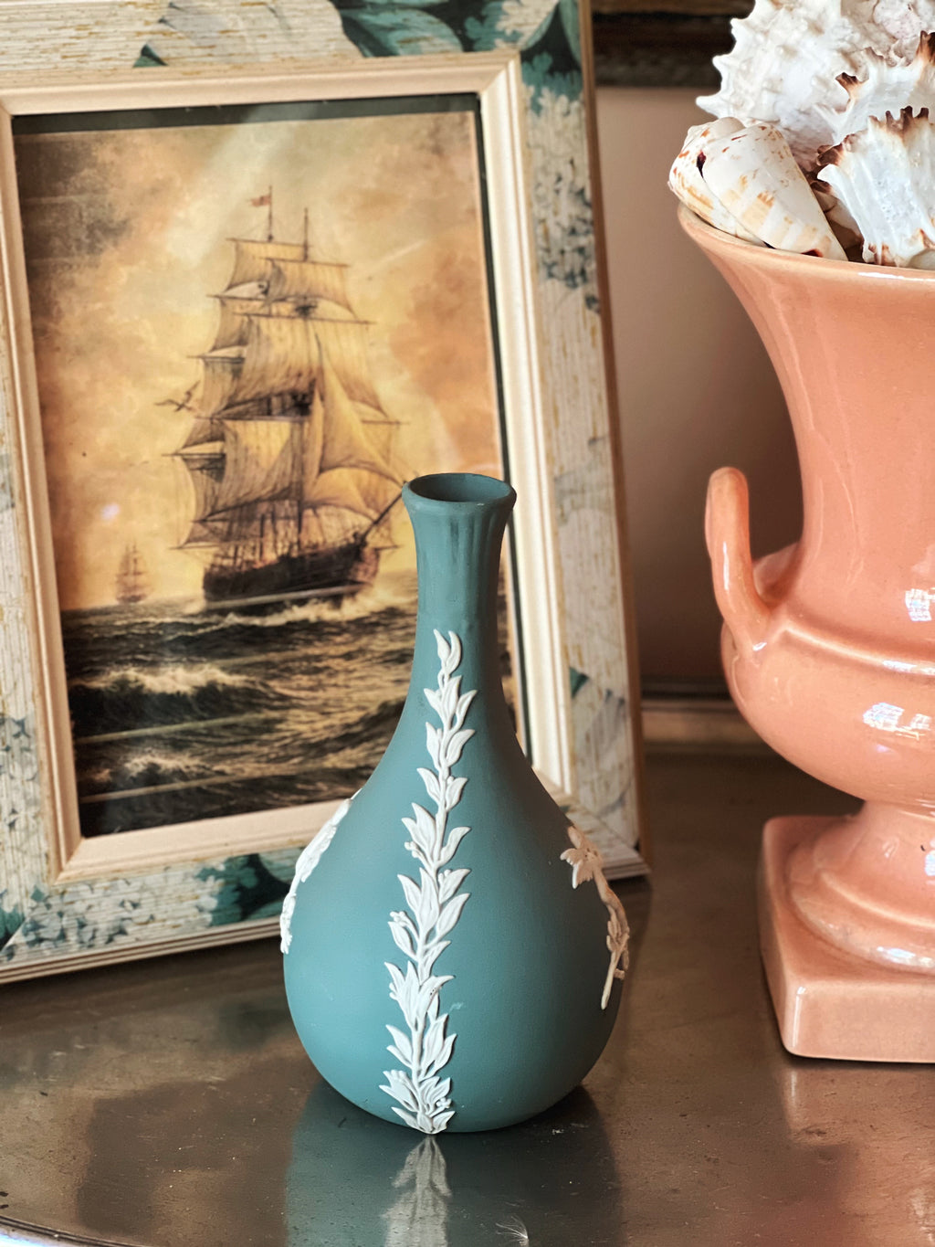 Vintage Wedgwood jasper ware bud vase in blue and white relief detail
