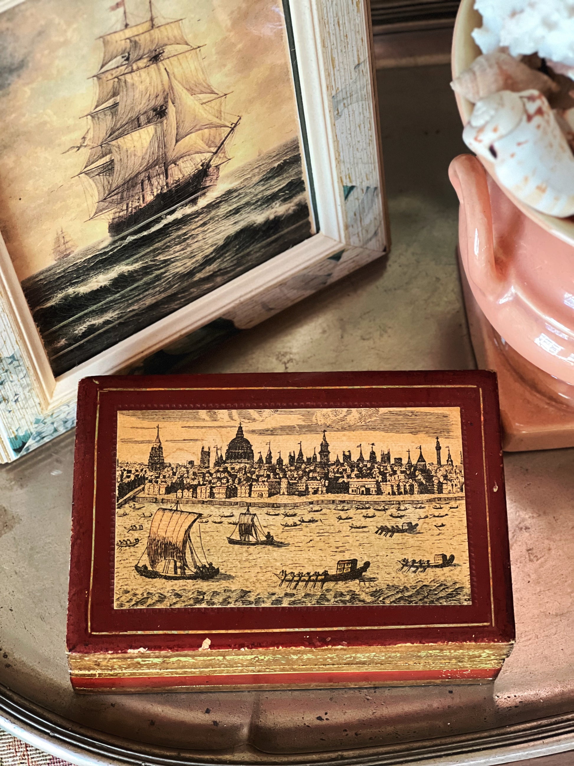 Vintage Florentine trinket box with old world harbor scene and Italian lacquer finish