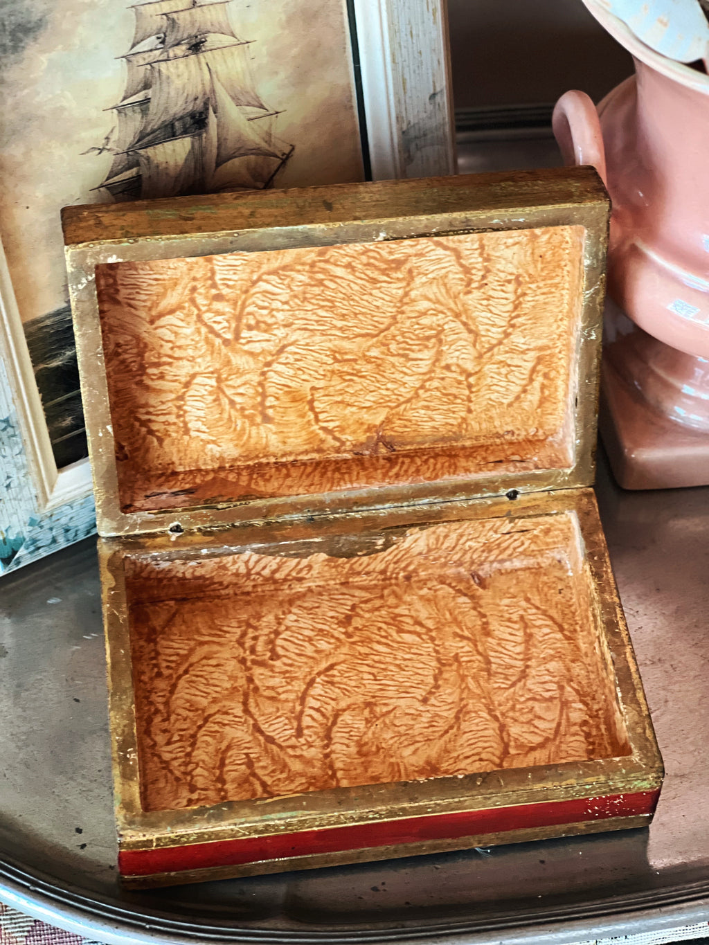 Vintage Italian Florentine jewelry box open showing decorative interior