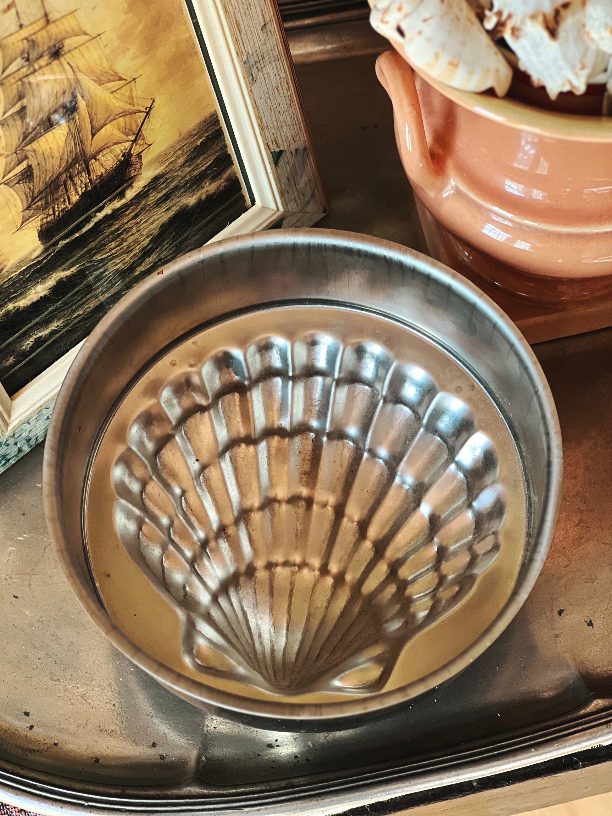 vintage shell mold detail baking pan interior close up