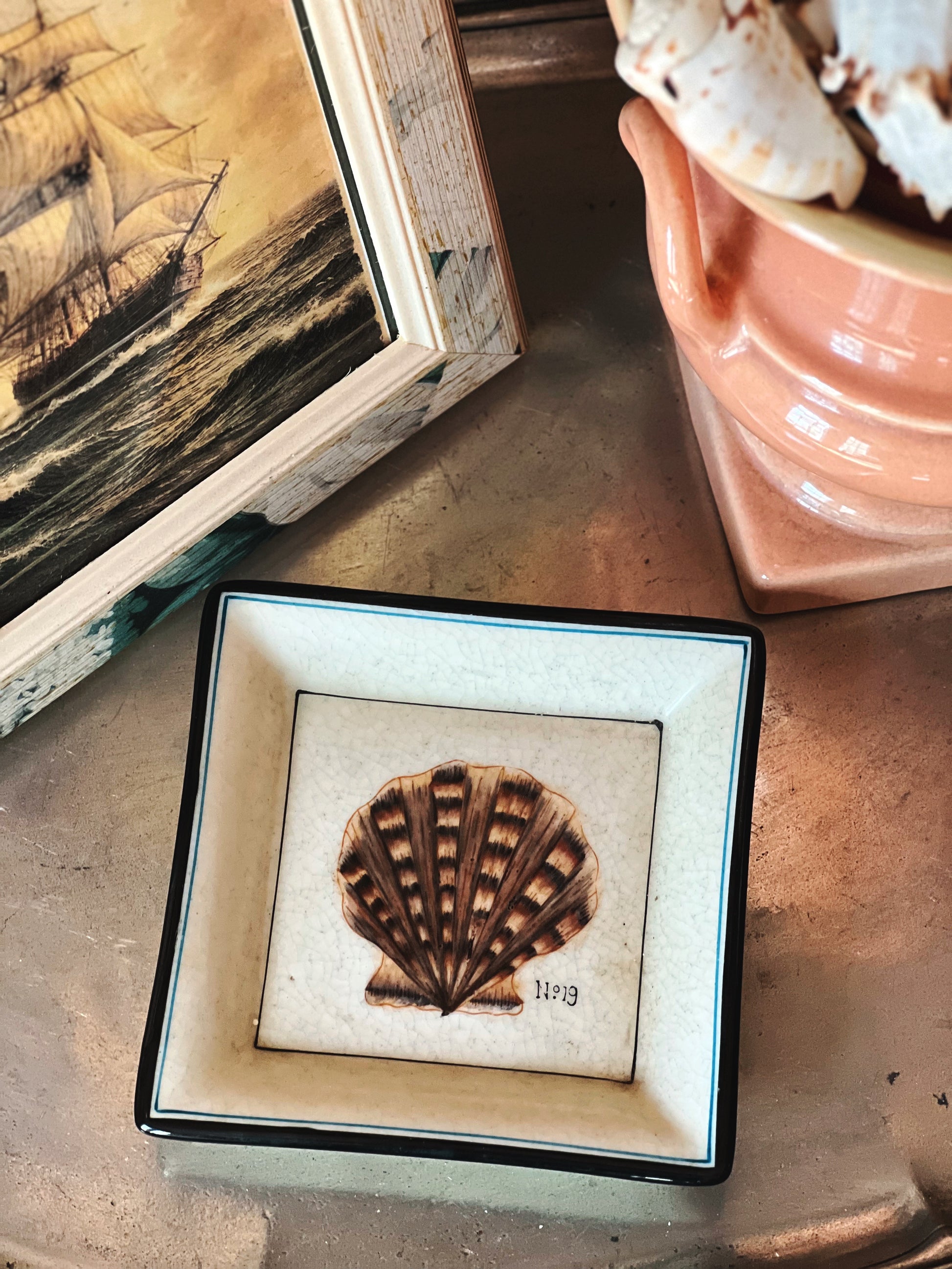 Vintage Hobart China trinket dish with scallop shell design, porcelain coastal decor accent