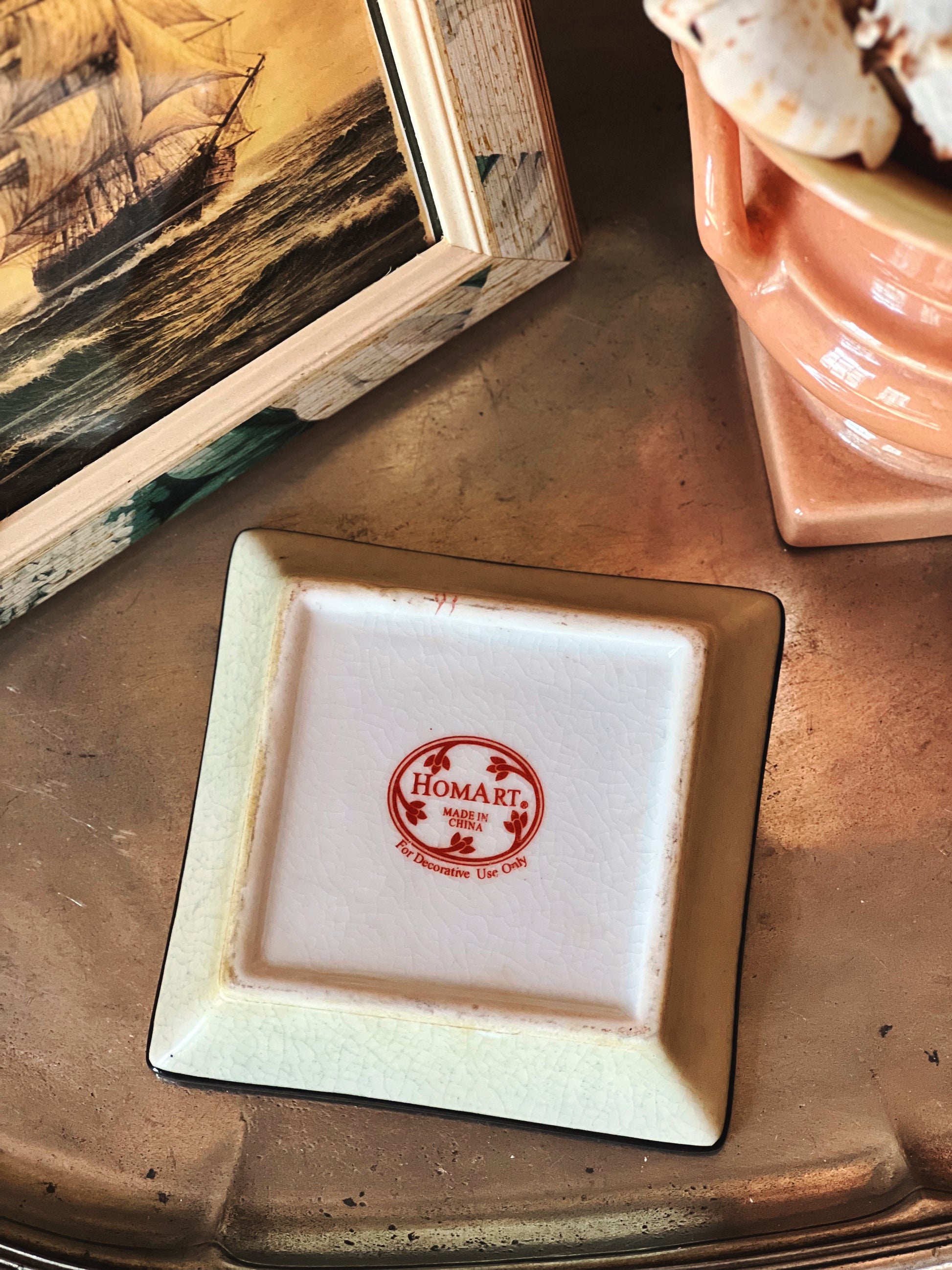 Back of vintage Hobart China trinket dish showing porcelain finish and base