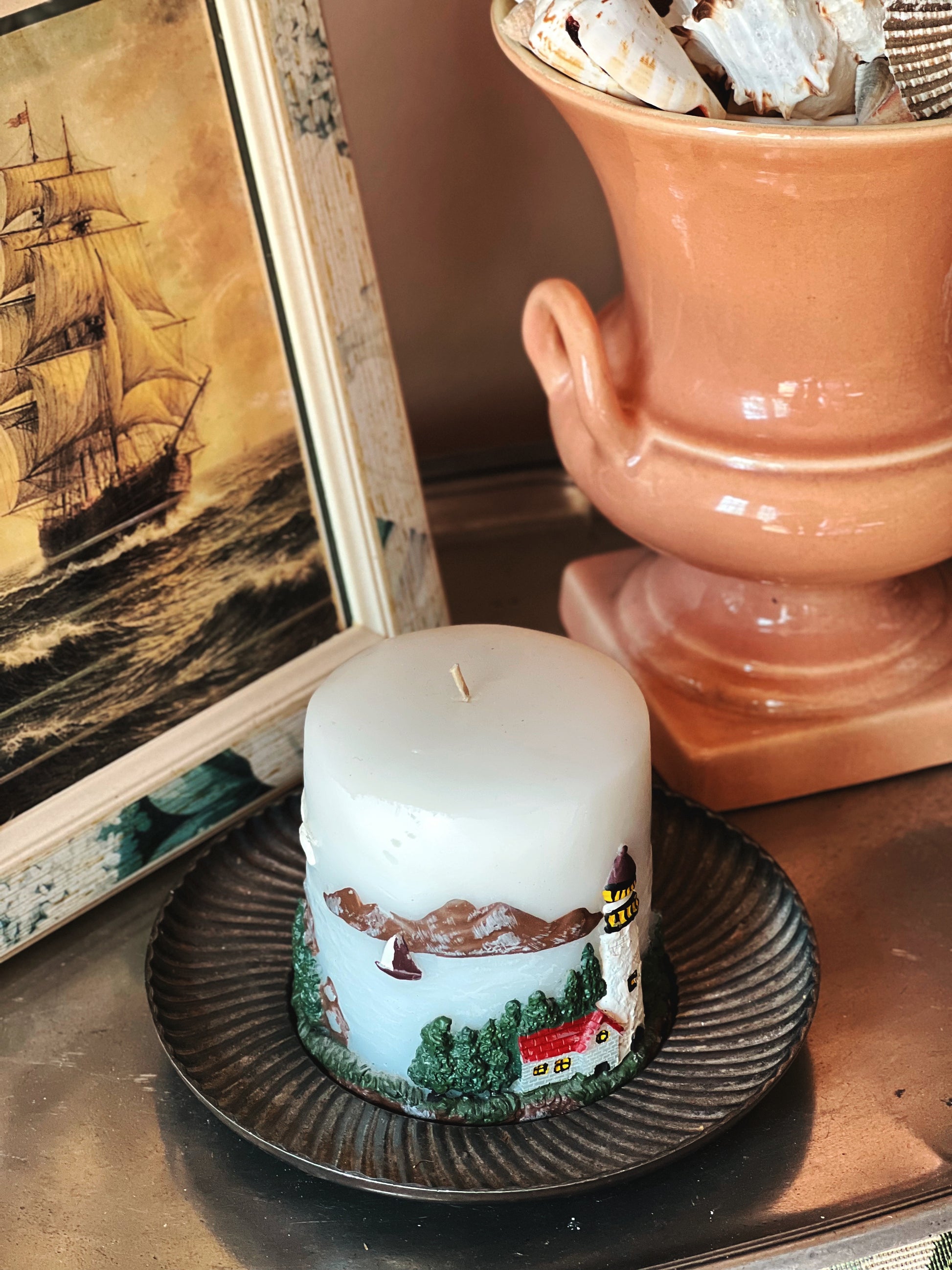 hand painted lighthouse design carved vintage pillar candle