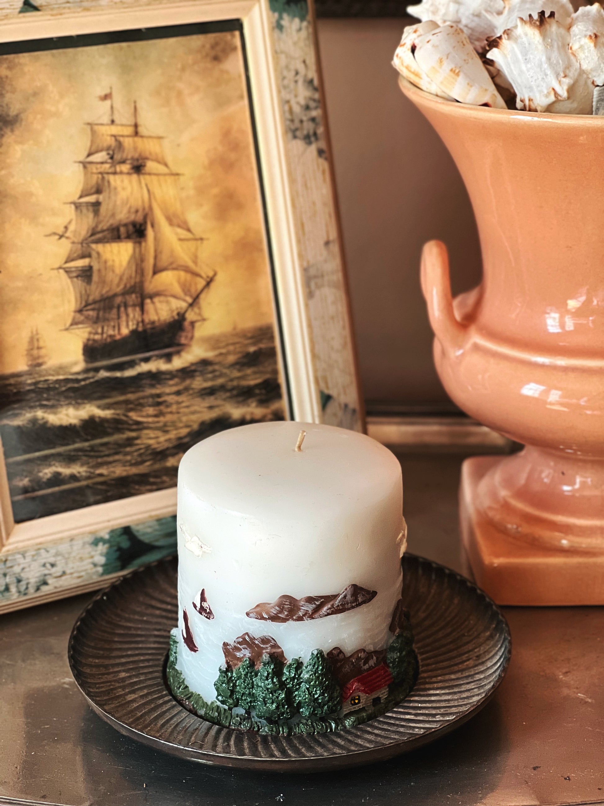 Vintage Hand Painted Lighthouse Pillar Candle | Coastal Nautical Decor Accent